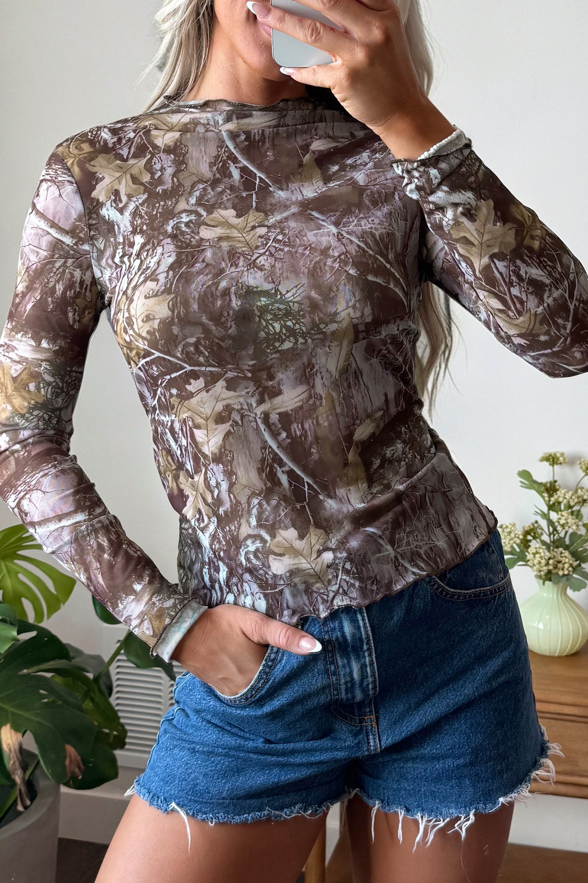 Smoke Gray Floral Print Slim Fit Mesh Long Sleeve Mock Neck Top-Tops/Long Sleeve Tops-[Adult]-[Female]-2022 Online Blue Zone Planet