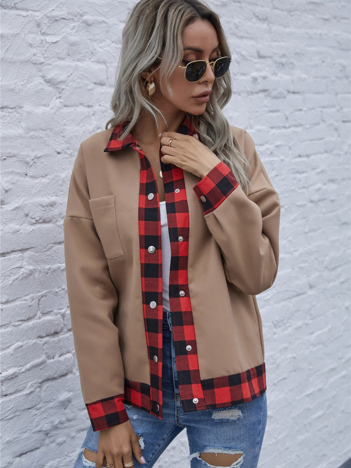 Plaid Trim Long Sleeve Jacket-TOPS / DRESSES-[Adult]-[Female]-Taupe-S-2022 Online Blue Zone Planet