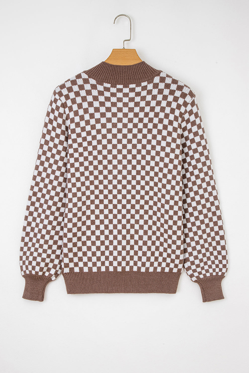 Dark Brown Half Button Ribbed Trim Checkerboard Knit Sweater-Sweaters & Cardigans/Sweaters-[Adult]-[Female]-2022 Online Blue Zone Planet