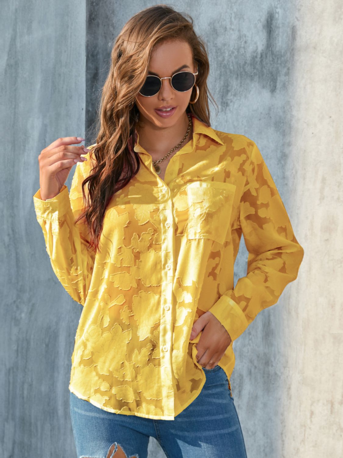 Full Size Collared Neck Long Sleeve Shirt Plus Size-TOPS / DRESSES-[Adult]-[Female]-Yellow-S-2022 Online Blue Zone Planet