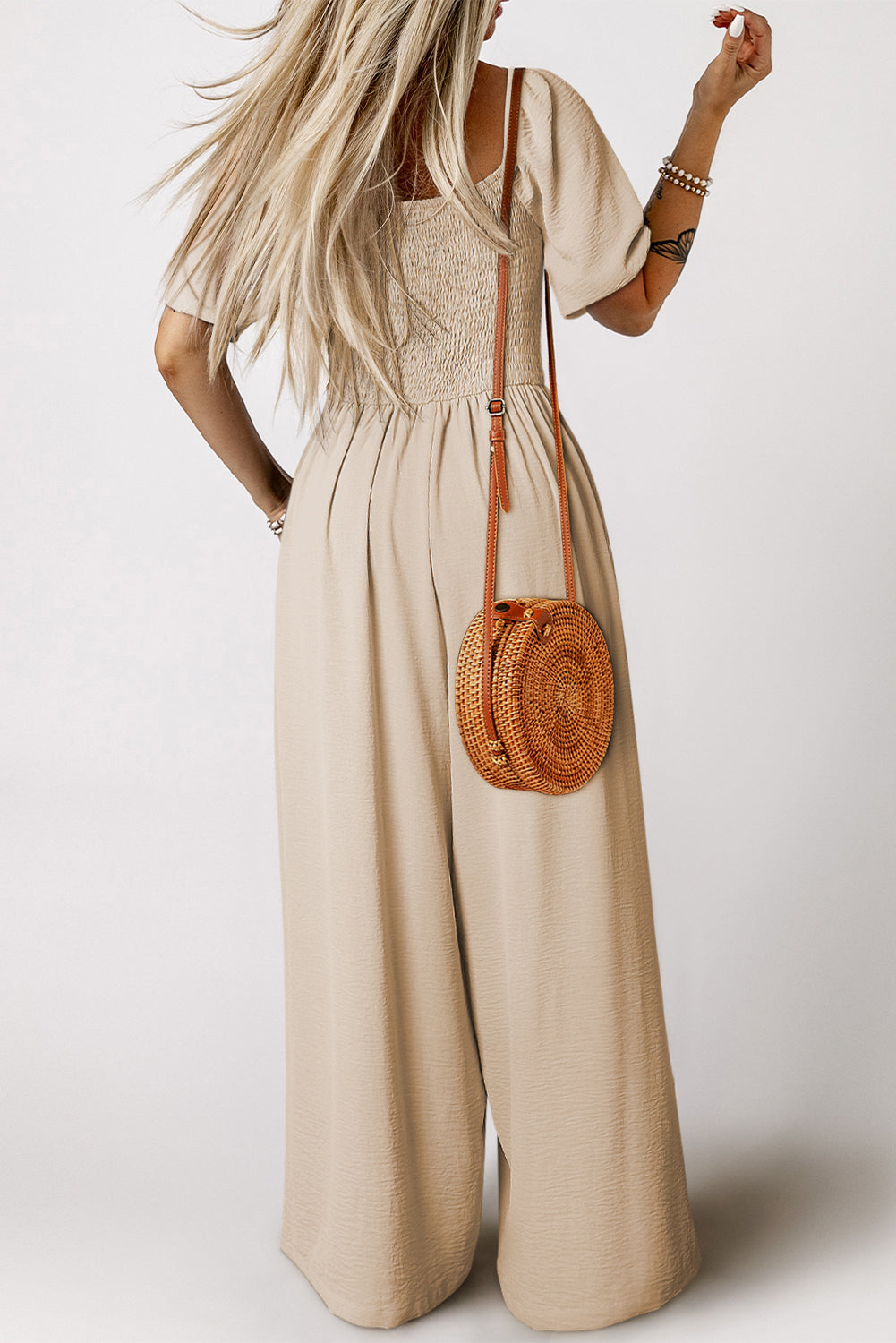 Apricot Short Bubble Sleeve Smocked Wide Leg Jumpsuit-Bottoms/Jumpsuits & Rompers-[Adult]-[Female]-2022 Online Blue Zone Planet