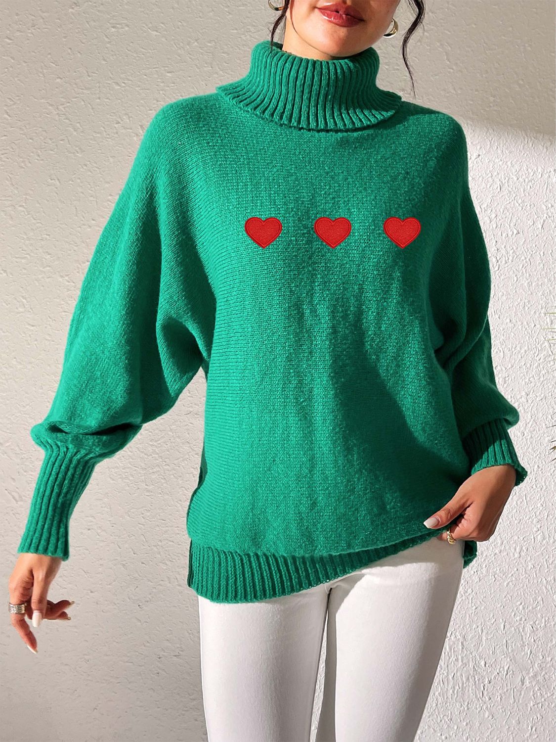 Heart Turtleneck Long Sleeve Sweater-TOPS / DRESSES-[Adult]-[Female]-Dark Green-S-2022 Online Blue Zone Planet