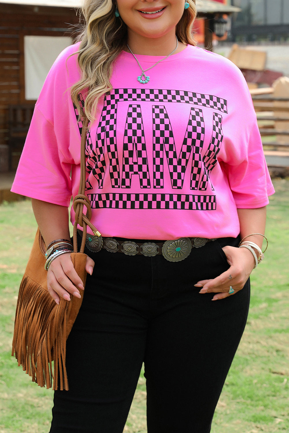 Bright Pink Checker Mama Letter Printed Graphic Plus Size T Shirt-Plus Size/Plus Size Tops/Plus Size Tops & Tees-[Adult]-[Female]-2022 Online Blue Zone Planet