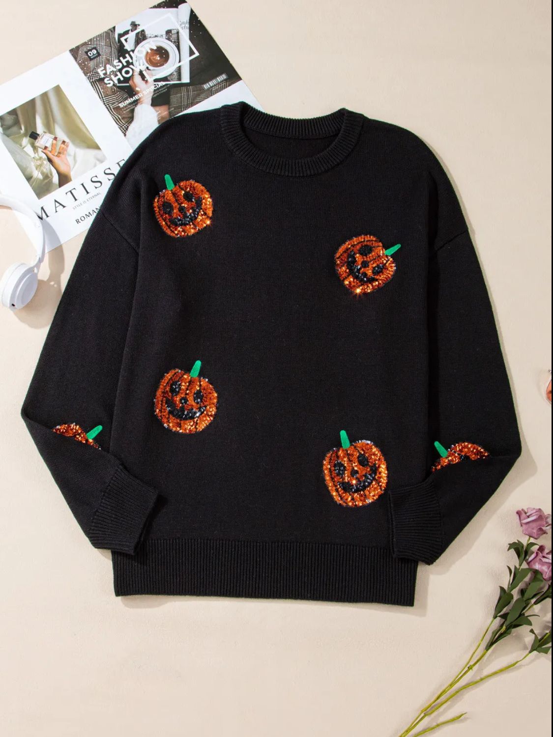 Plus Size Sequin Pumpkin Round Neck Sweater-TOPS / DRESSES-[Adult]-[Female]-2022 Online Blue Zone Planet