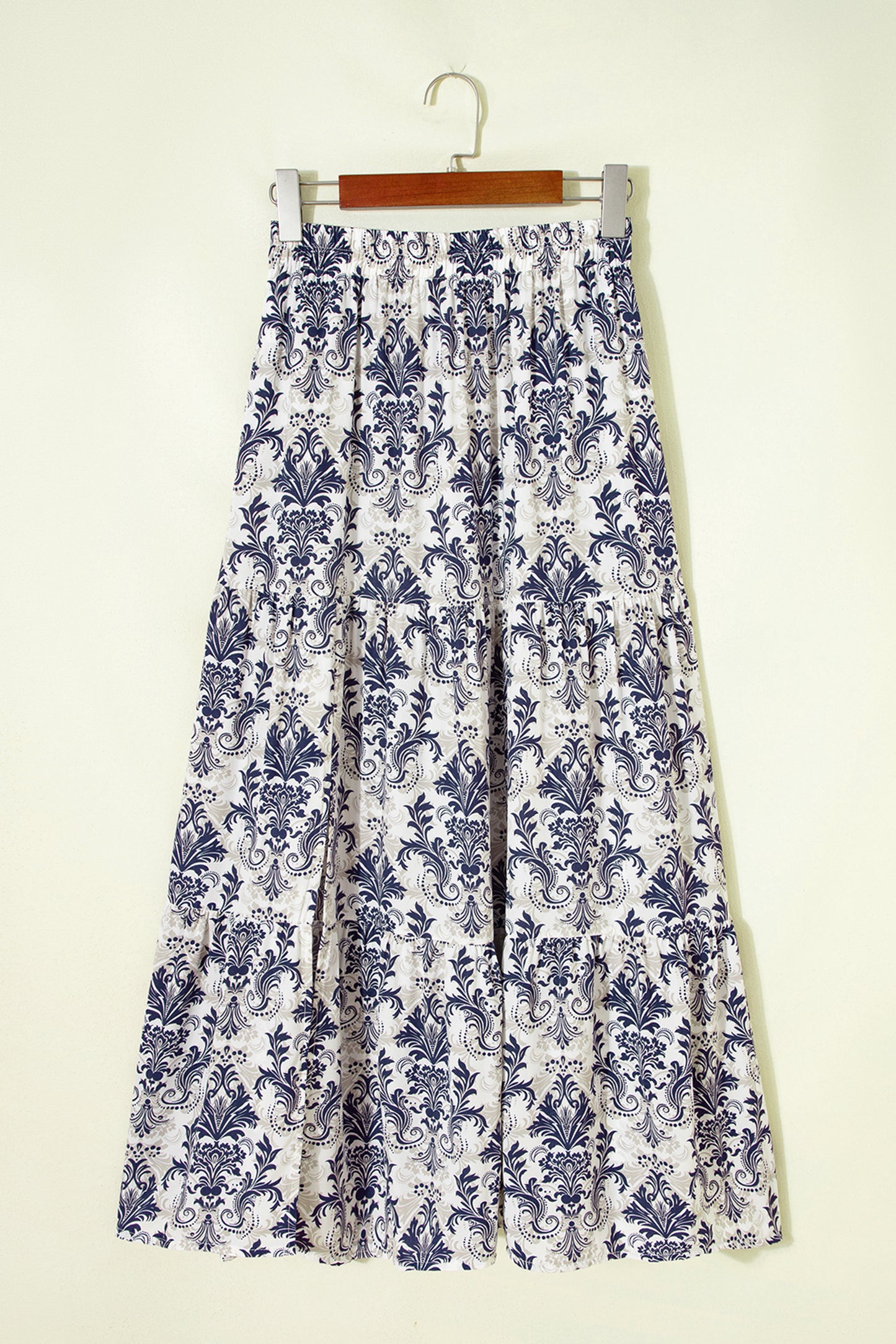 Heda's Blue Bohemian Floral Print Tiered Maxi Skirt with Split