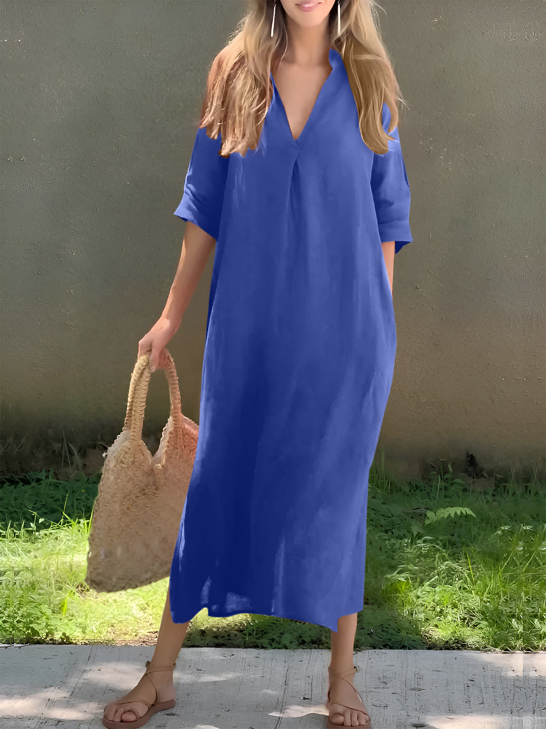 Full Size Notched Half Sleeve Midi Dress-TOPS / DRESSES-[Adult]-[Female]-Royal Blue-S-2022 Online Blue Zone Planet