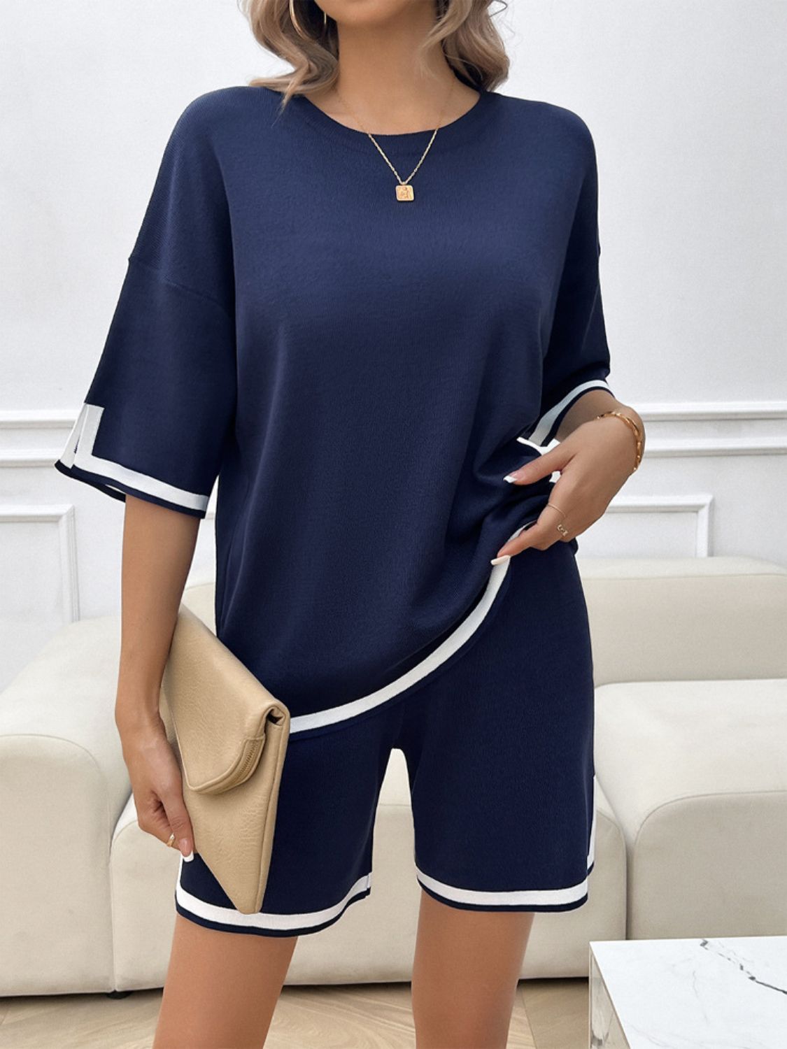 Blue Zone Planet | Devine Contrast Trim Round Neck Top and Shorts Set-TOPS / DRESSES-[Adult]-[Female]-Dark Blue-S-2022 Online Blue Zone Planet