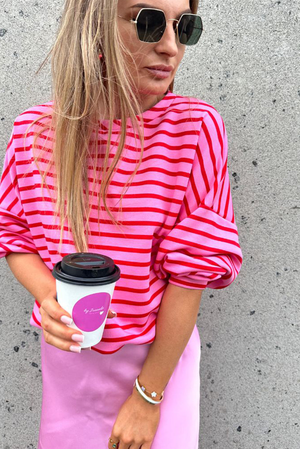 Sachet Pink Striped Print Crew Neck Drop Shoulder Sweatshirt-Tops/Sweatshirts & Hoodies-[Adult]-[Female]-2022 Online Blue Zone Planet