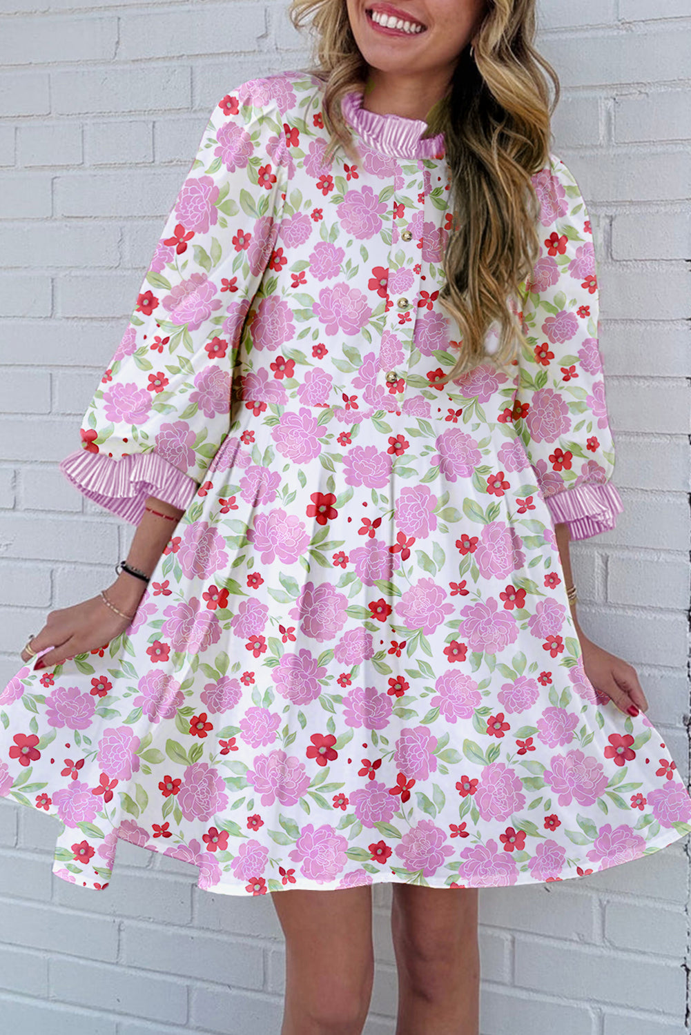 Pink Floral Print Striped Trim Frilled Neck 3/4 Sleeve Flared Mini Dress-TOPS / DRESSES-[Adult]-[Female]-Pink-S-2022 Online Blue Zone Planet