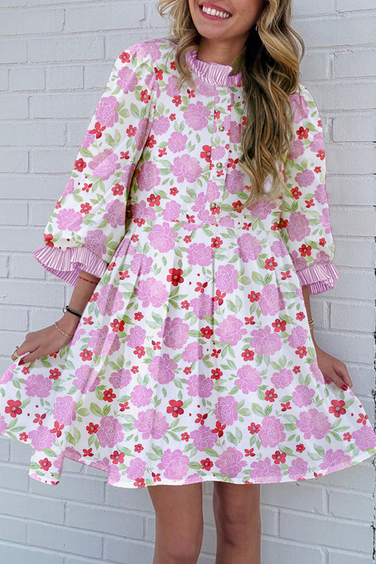 Pink Floral Print Striped Trim Frilled Neck 3/4 Sleeve Flared Mini Dress-TOPS / DRESSES-[Adult]-[Female]-Pink-S-2022 Online Blue Zone Planet