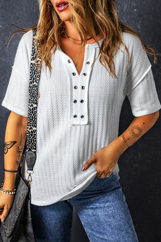 White Textured Hollow Grommet Placket Split Neck Short Sleeve Top-Tops/Tops & Tees-[Adult]-[Female]-White-S-2022 Online Blue Zone Planet