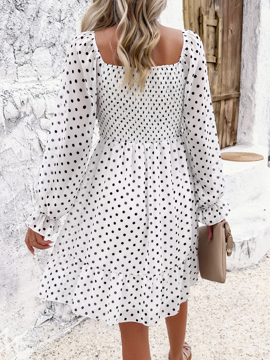 Smocked Polka Dot Long Sleeve Dress-TOPS / DRESSES-[Adult]-[Female]-2022 Online Blue Zone Planet