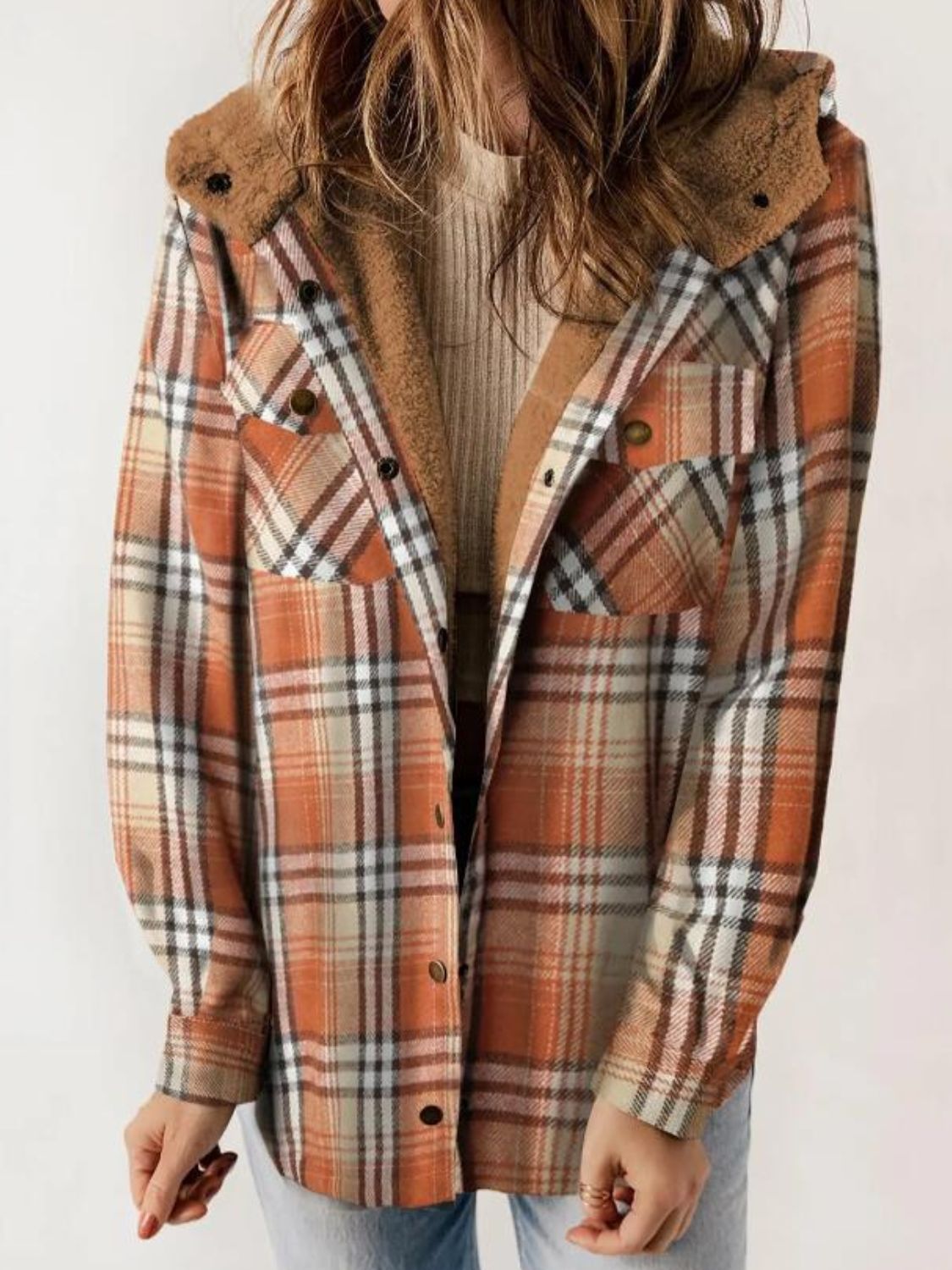 Plaid Snap Down Plush Hooded Jacket-TOPS / DRESSES-[Adult]-[Female]-Ochre-S-2022 Online Blue Zone Planet