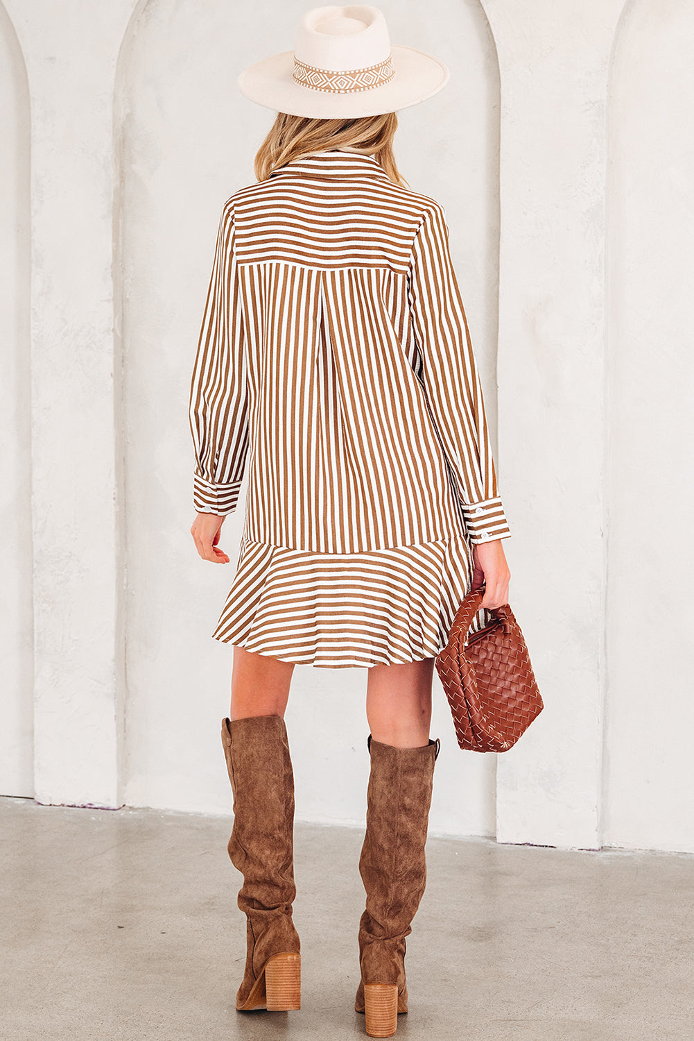 Preppy Vertical Stripe Flounce Hem Collared Shirt Mini Dress - Sunny Angela Brown Stripe / XL Preppy Vertical Stripe Flounce Hem Collared Shirt Mini Dress - Sunny Angela Brown Stripe / XL