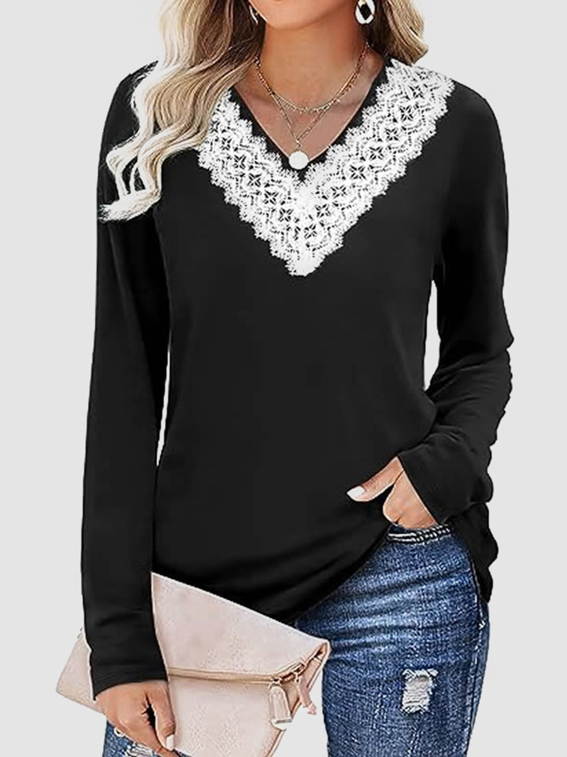 Lace Detail V-Neck Long Sleeve T-Shirt-TOPS / DRESSES-[Adult]-[Female]-Black-S-2022 Online Blue Zone Planet