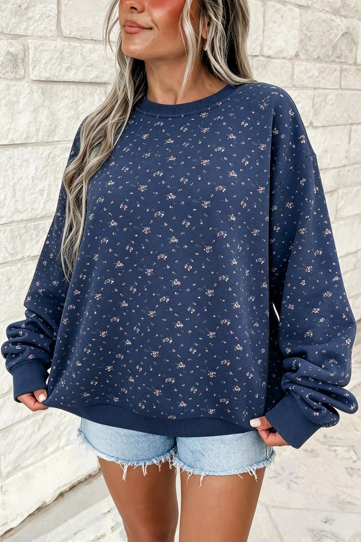Dirty blue Floral Print Round Neck Dropped Shoulder Casual Pullover Sweatshirt-Tops/Sweatshirts & Hoodies-[Adult]-[Female]-Dirty blue-S-2022 Online Blue Zone Planet