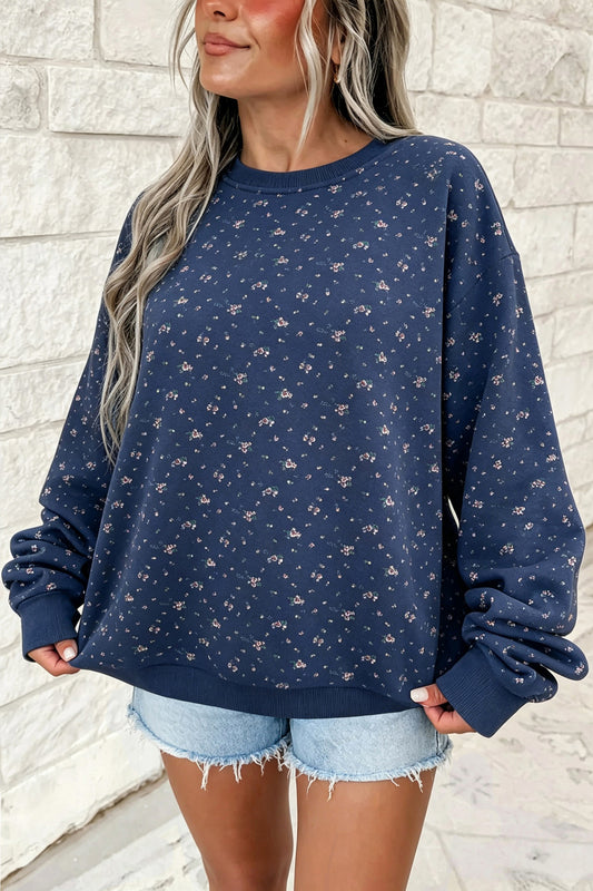 Dirty blue Floral Print Round Neck Dropped Shoulder Casual Pullover Sweatshirt-Tops/Sweatshirts & Hoodies-[Adult]-[Female]-Dirty blue-S-2022 Online Blue Zone Planet