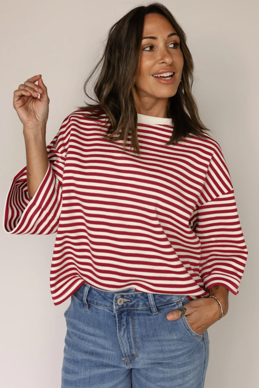 Red Stripe Bowknot Cutout Back Drop Shoulder Wide Bracelet Sleeve Loose Tee-Bracelet-[Adult]-[Female]-2022 Online Blue Zone Planet