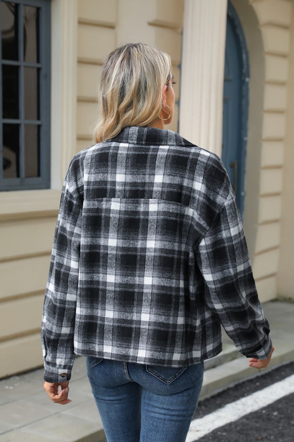 Pocketed Plaid Collared Neck Dropped Shoulder Jacket-TOPS / DRESSES-[Adult]-[Female]-2022 Online Blue Zone Planet