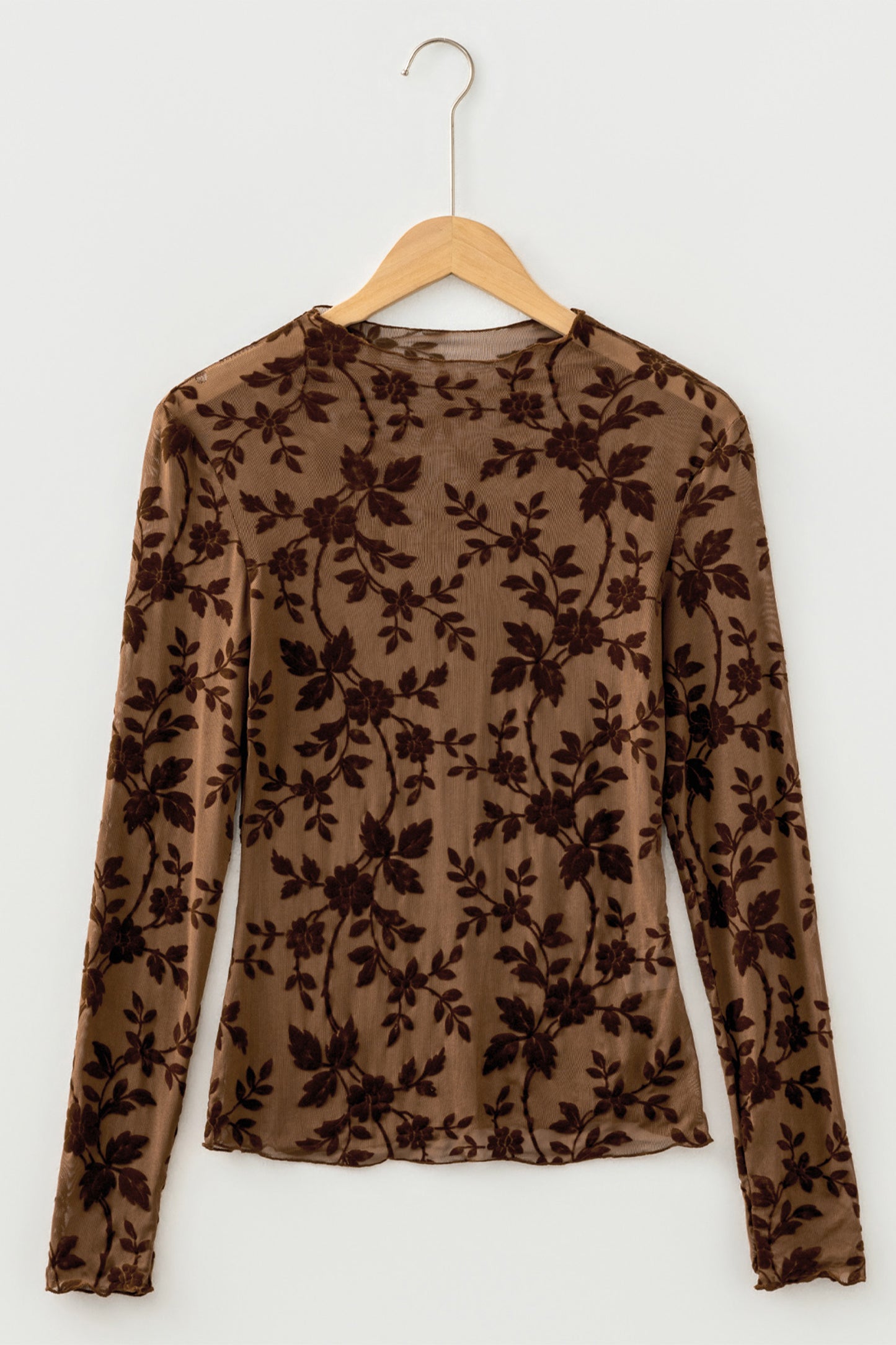 Apricot Floral Mesh Long Sleeve Round Neck Casual Sheath Top-Tops/Long Sleeve Tops-[Adult]-[Female]-2022 Online Blue Zone Planet