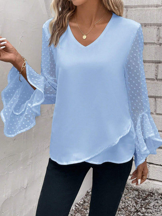 Swiss Dot V-Neck Flounce Sleeve Blouse-TOPS / DRESSES-[Adult]-[Female]-Light Blue-S-2022 Online Blue Zone Planet