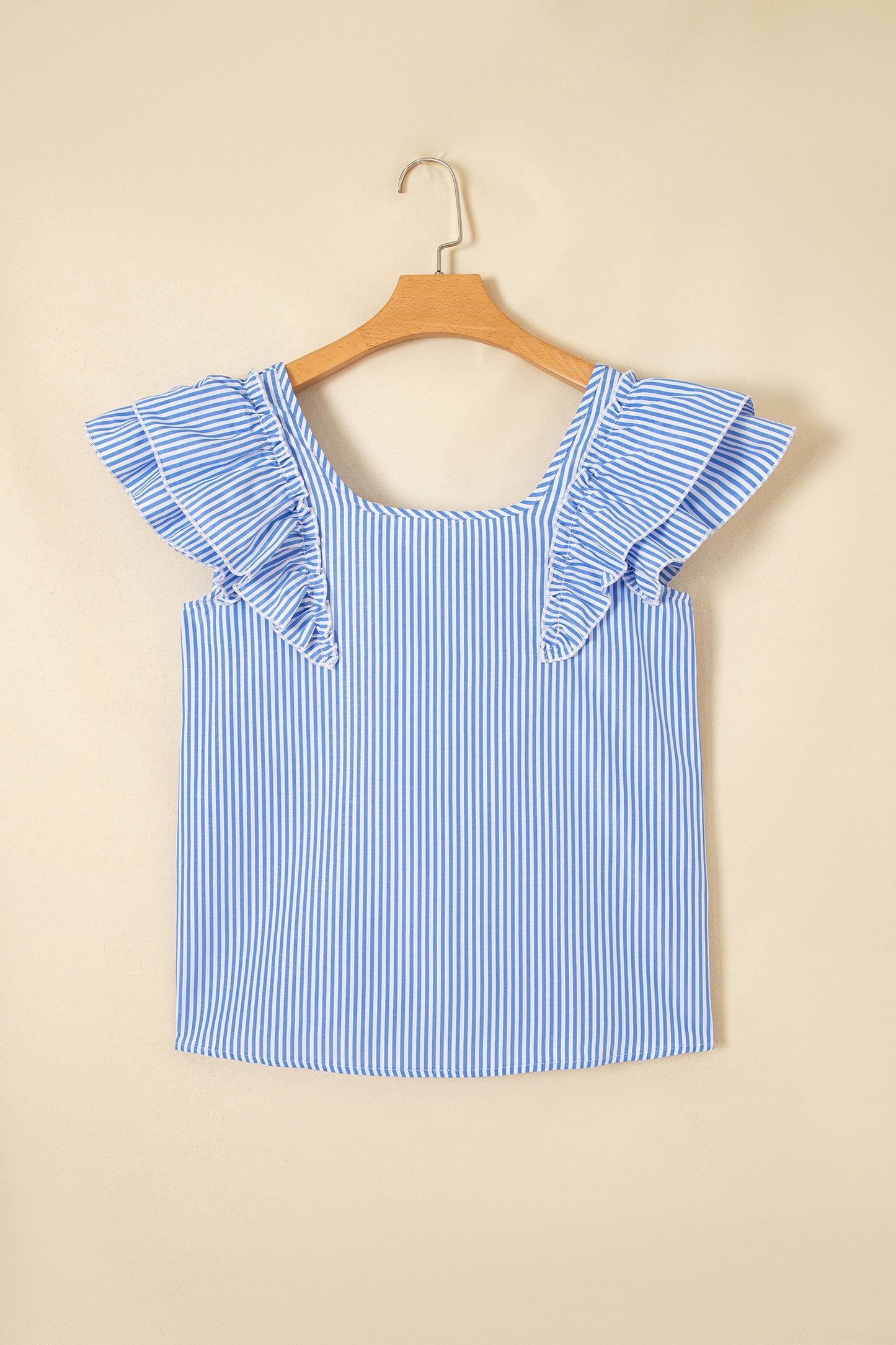 Sky Blue Stripe Square Neck Bow Decor Frilly Ruffled Short Sleeve Blouse-Tops/Blouses & Shirts-[Adult]-[Female]-2022 Online Blue Zone Planet