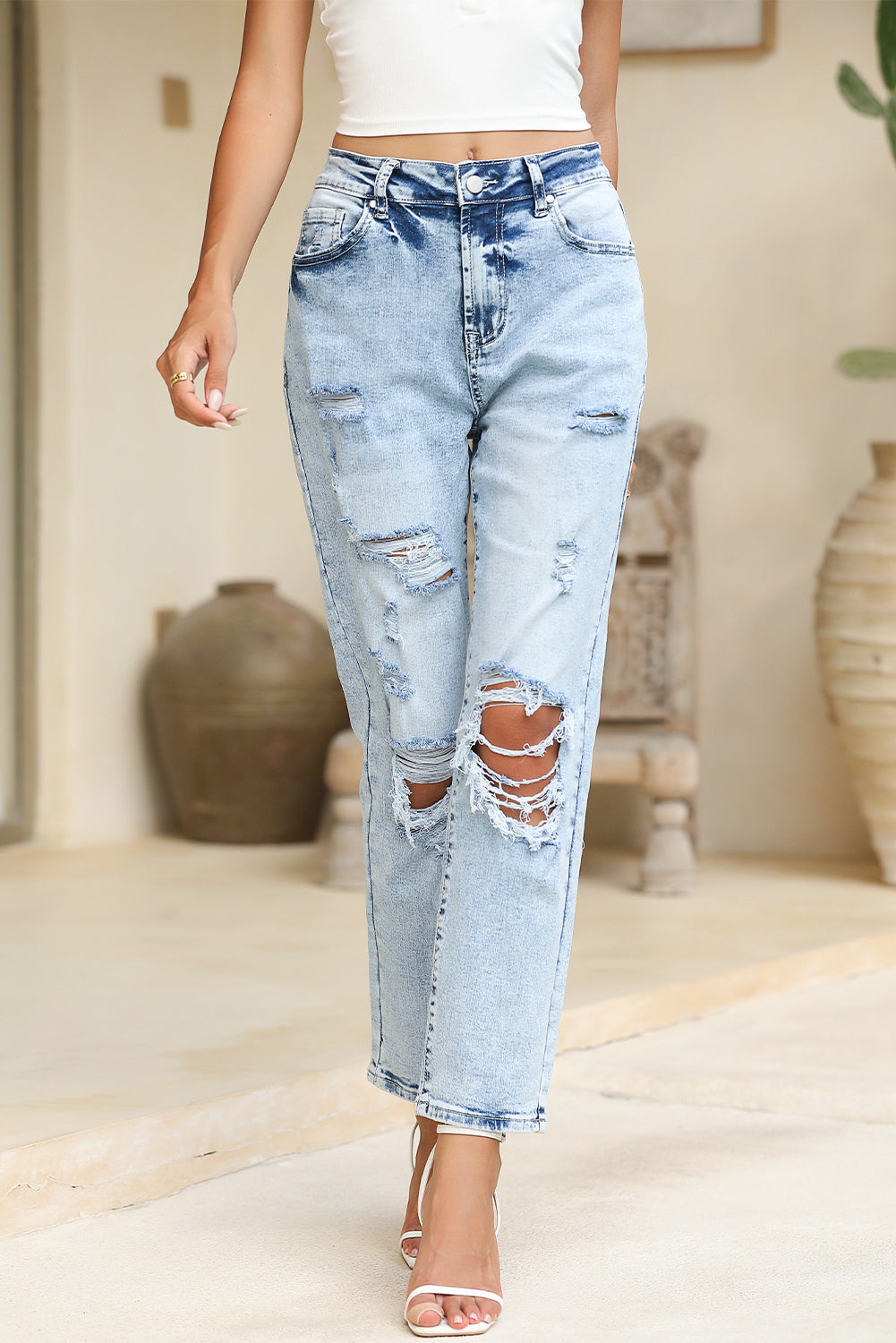 Sky Blue Light Wash Frayed Slim Fit High Waist Jeans-Jeans-[Adult]-[Female]-2022 Online Blue Zone Planet