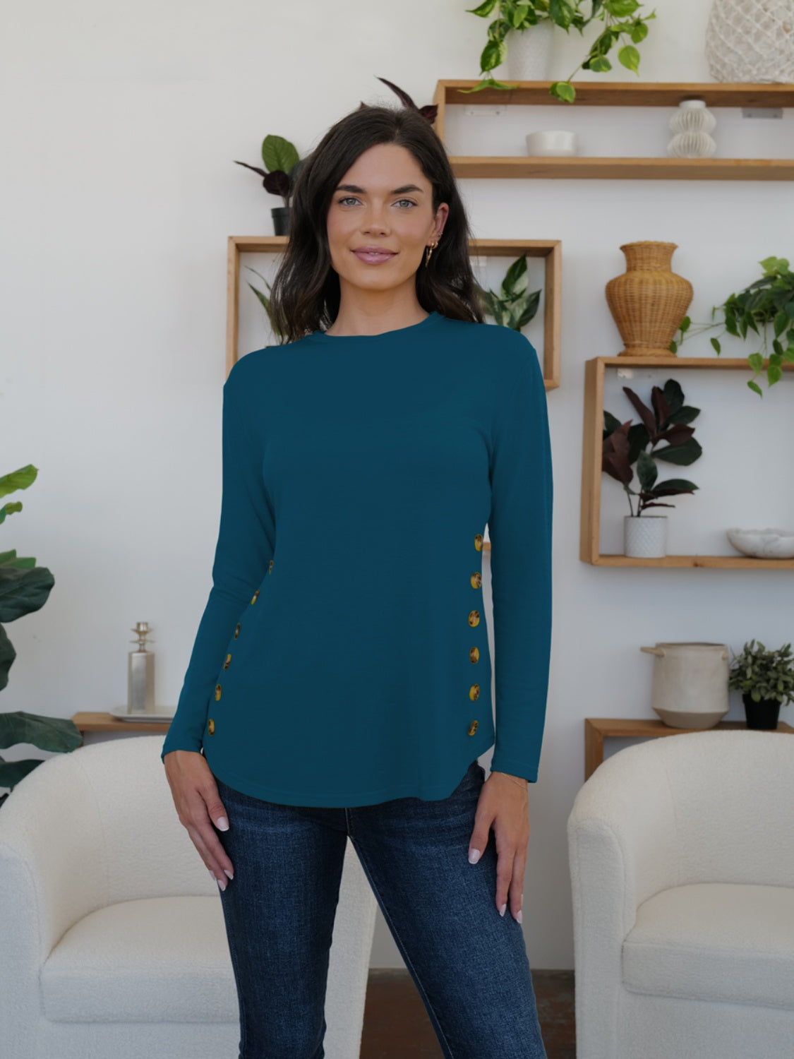 Round Neck Long Sleeve T-Shirt-TOPS / DRESSES-[Adult]-[Female]-French Blue-S-2022 Online Blue Zone Planet