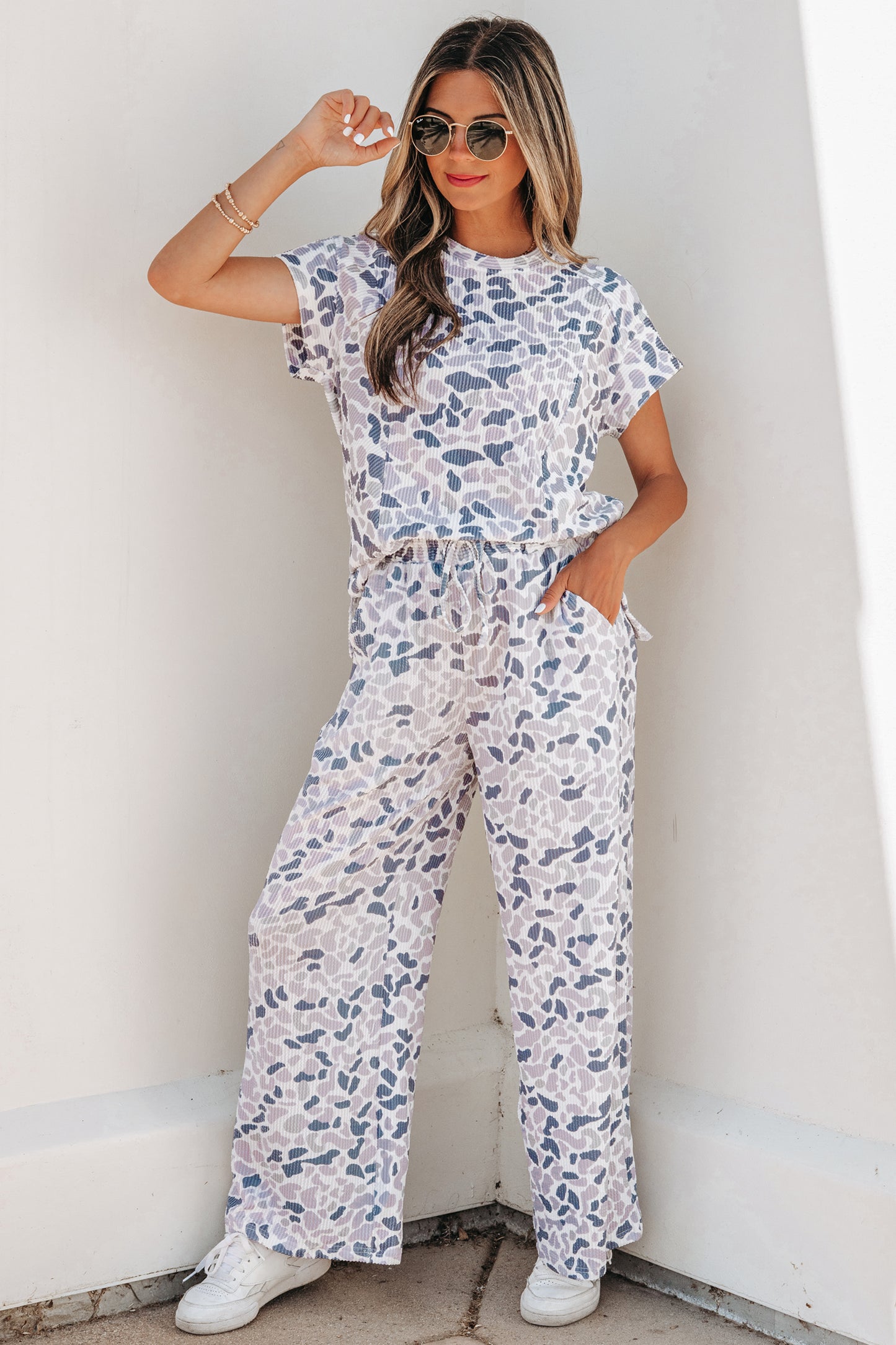 Beige Camouflage Print Twisted Rib Loose Tee Drawstring Pants Set-Two Piece Sets/Pant Sets-[Adult]-[Female]-2022 Online Blue Zone Planet