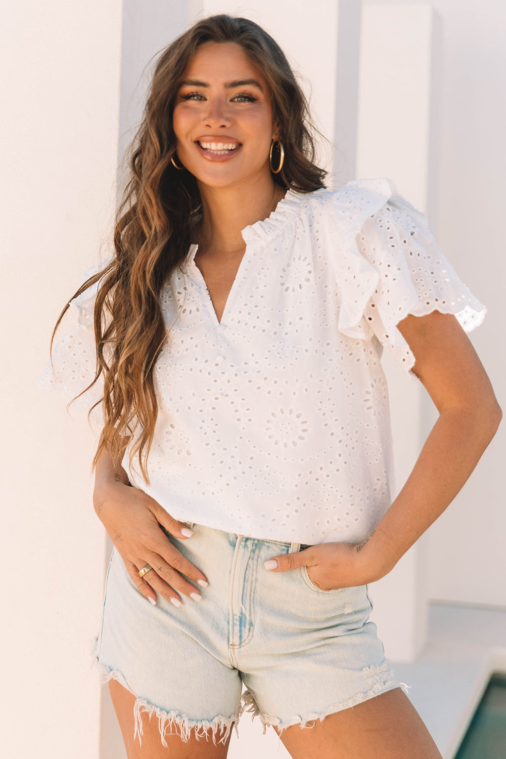White Broderie Anglaise Ruffle Short Sleeve Blouse-Tops/Blouses & Shirts-[Adult]-[Female]-White-S-2022 Online Blue Zone Planet