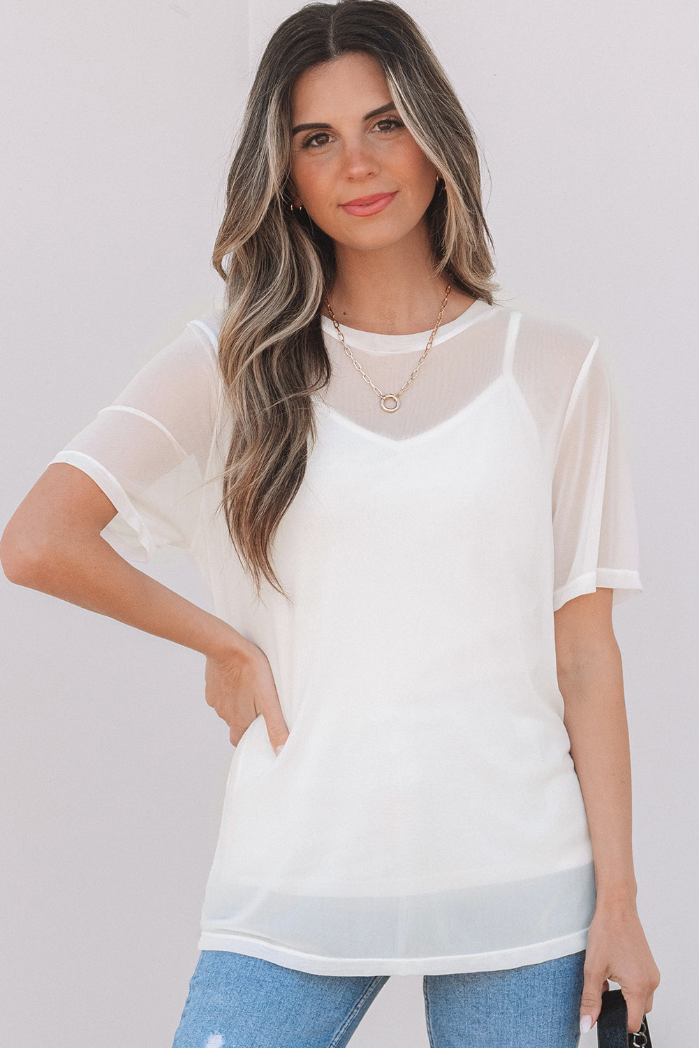 White Solid Color Sheer Mesh Patchwork Short Sleeve Top-Tops/Tops & Tees-[Adult]-[Female]-2022 Online Blue Zone Planet