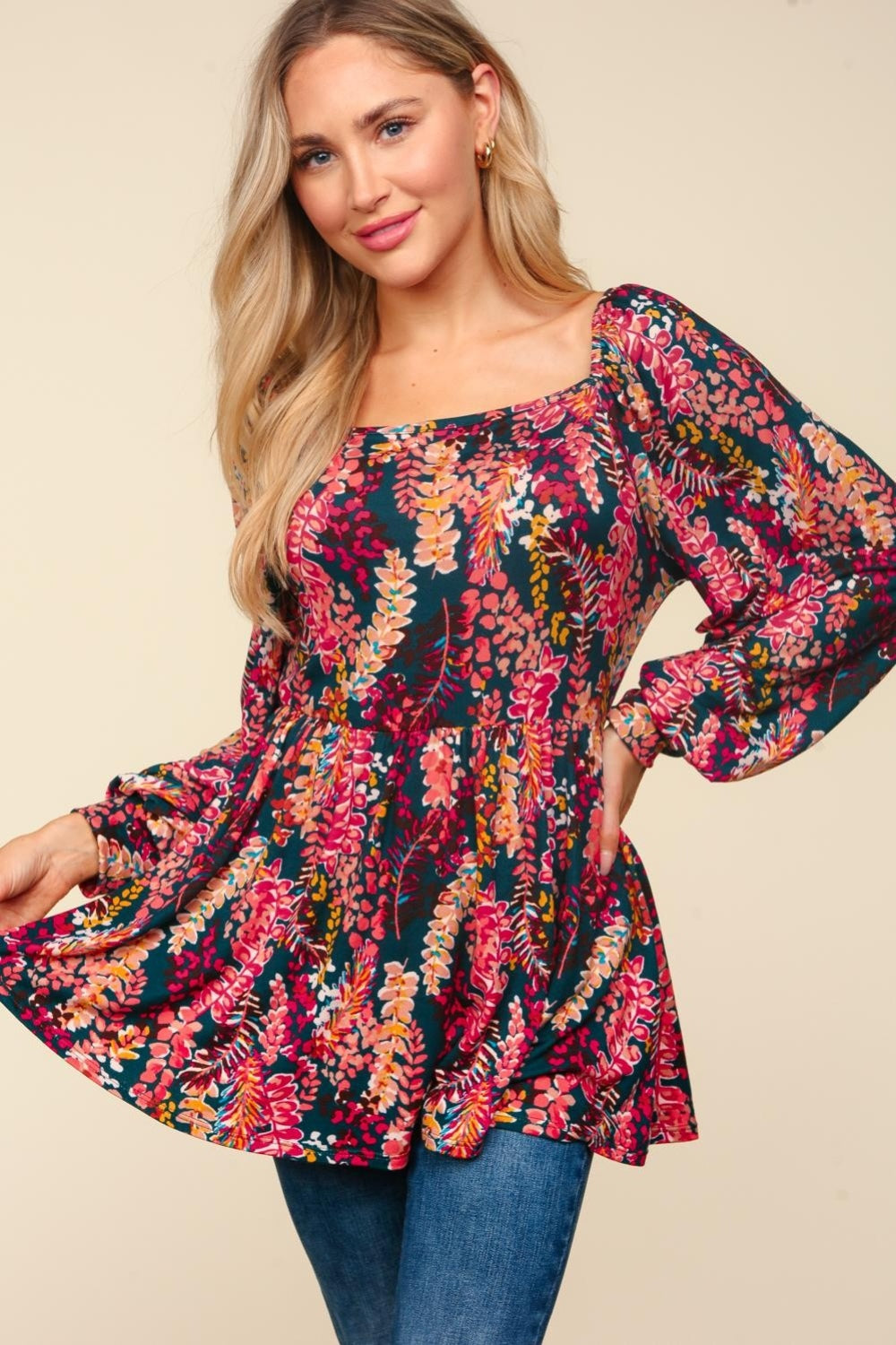 Haptics Full Size Peplum Floral Square Neck Blouse-TOPS / DRESSES-[Adult]-[Female]-Hunter Green/Berry-S-2022 Online Blue Zone Planet