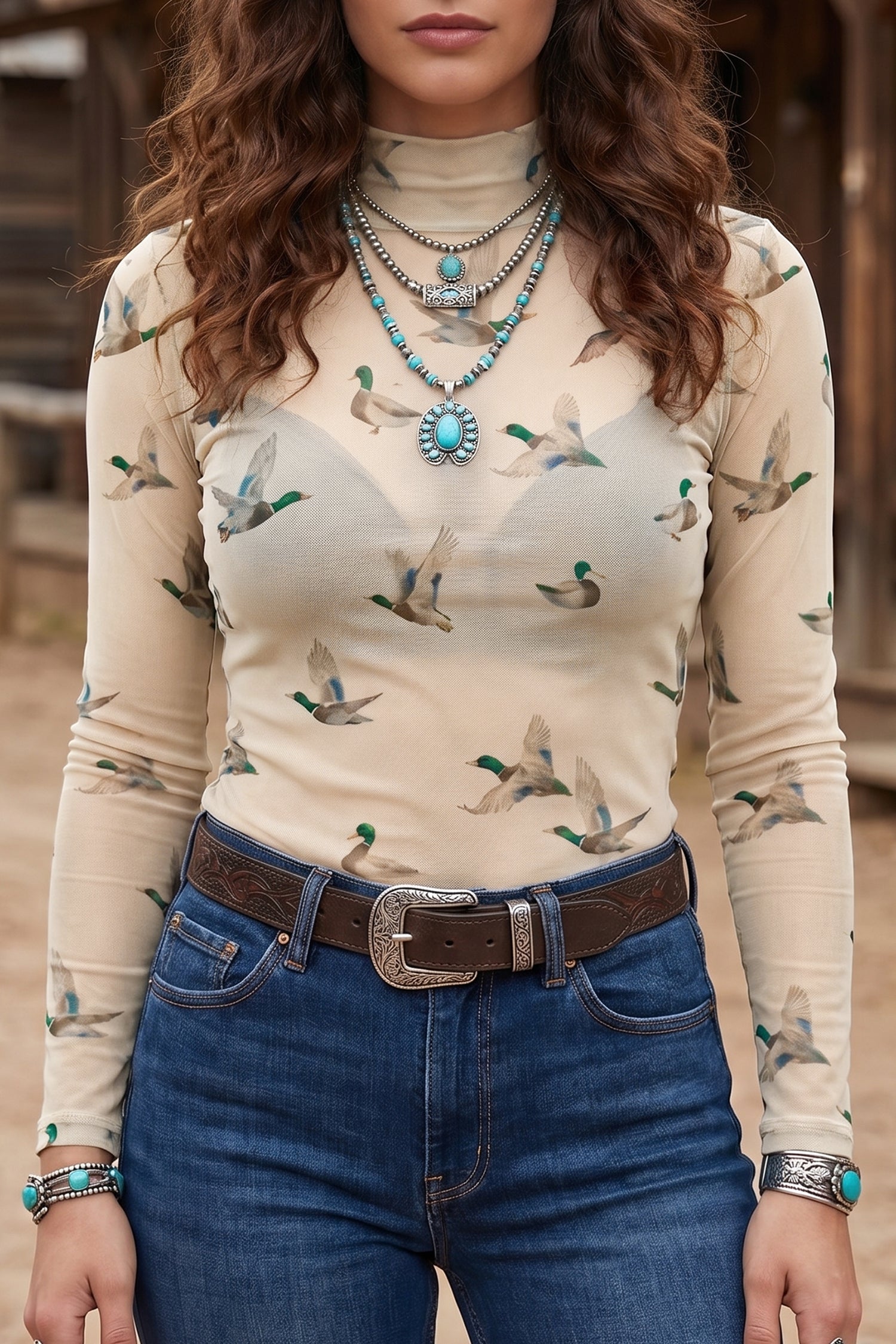 Beige Western Print Mesh High Neck Long Sleeve Sheath Top-Tops/Long Sleeve Tops-[Adult]-[Female]-Beige-S-2022 Online Blue Zone Planet