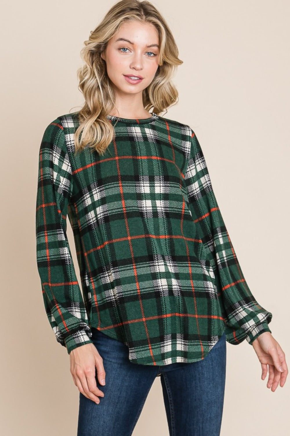 Blue Zone Planet | BOMBOM Curved Hem Plaid Round Neck Long Sleeve Top-TOPS / DRESSES-[Adult]-[Female]-Green-S-2022 Online Blue Zone Planet