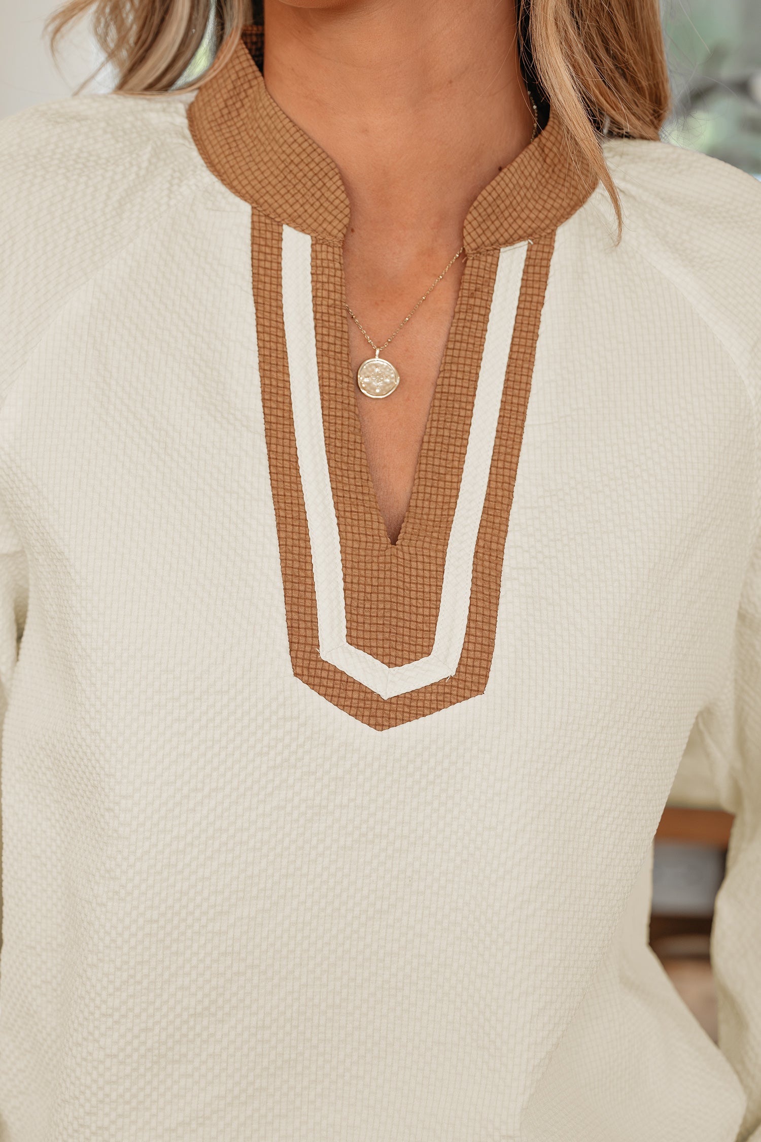 Jet Stream Color Block Patchwork Detail V Neck Textured Long Sleeve Blouse-Tops/Blouses & Shirts-[Adult]-[Female]-2022 Online Blue Zone Planet