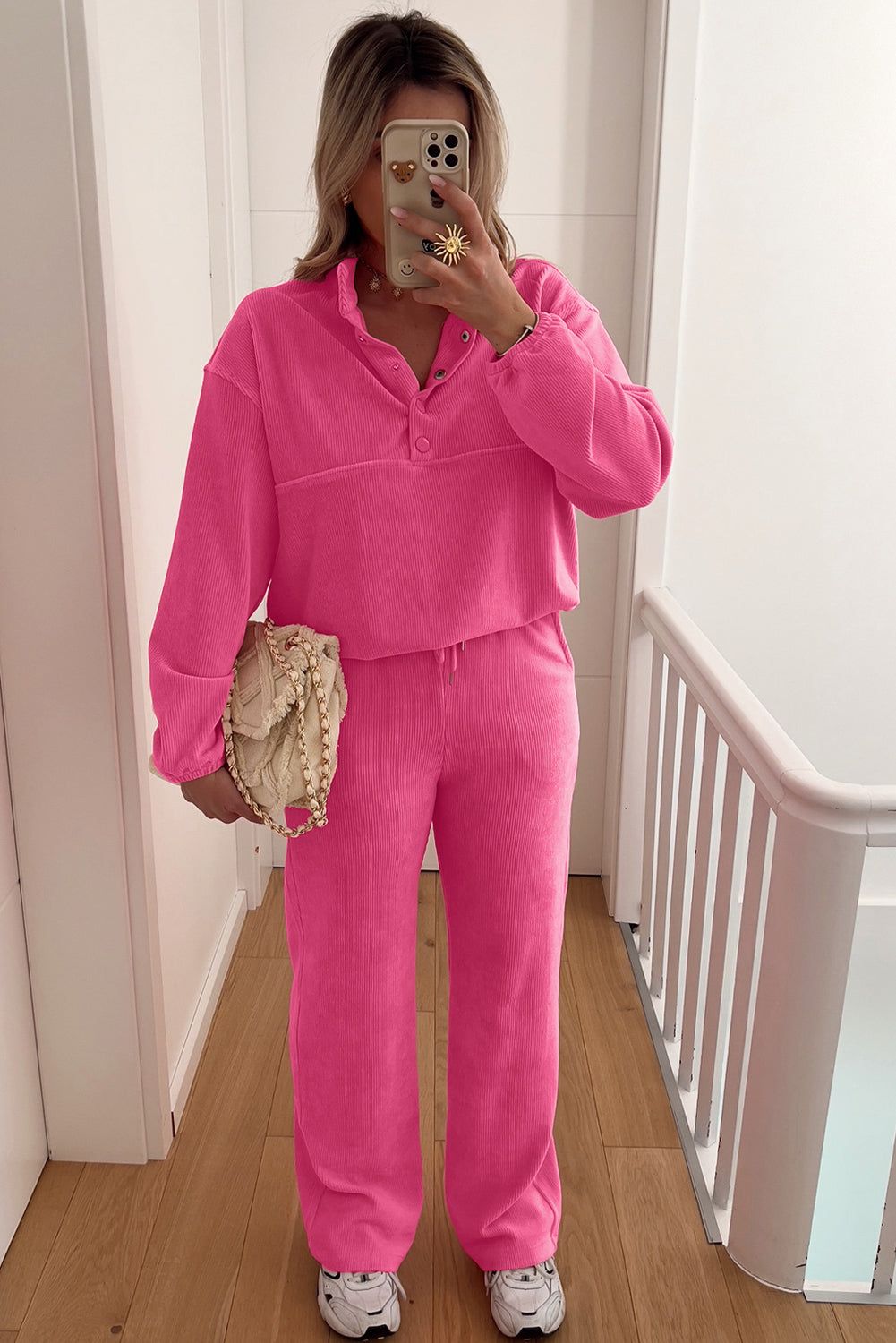Peach Blossom Half Button Pullover Drawstring Pants Solid Color Corduroy 2pcs Outfit-Two Piece Sets/Pant Sets-[Adult]-[Female]-2022 Online Blue Zone Planet