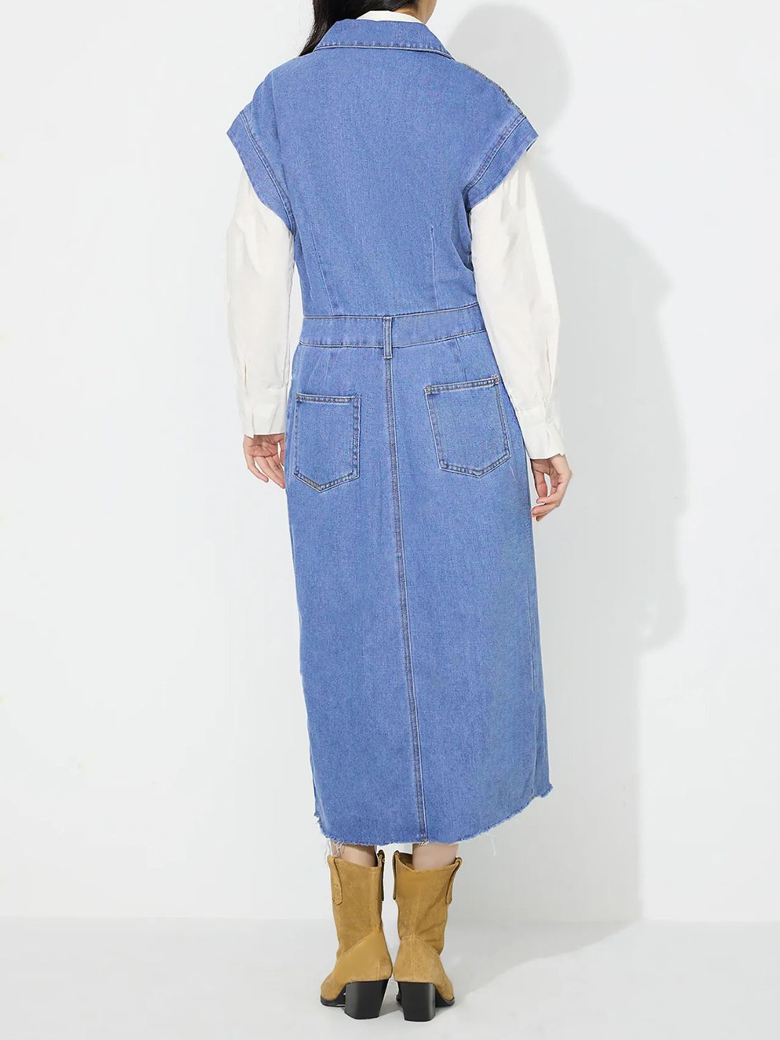 Slit Half Button Collared Neck Cap Sleeve Denim Dress-TOPS / DRESSES-[Adult]-[Female]-2022 Online Blue Zone Planet