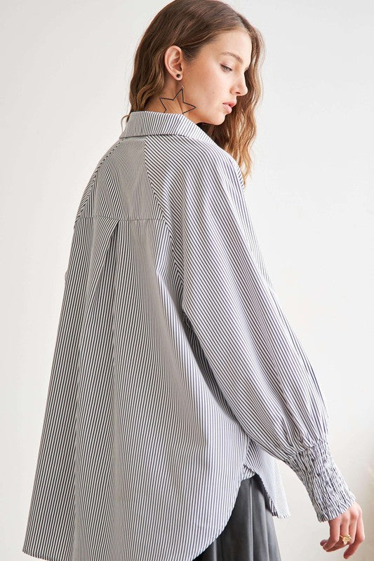 ADORA High-Low Striped Button Down Smocked Lantern Sleeve Shirt-TOPS / DRESSES-[Adult]-[Female]-2022 Online Blue Zone Planet