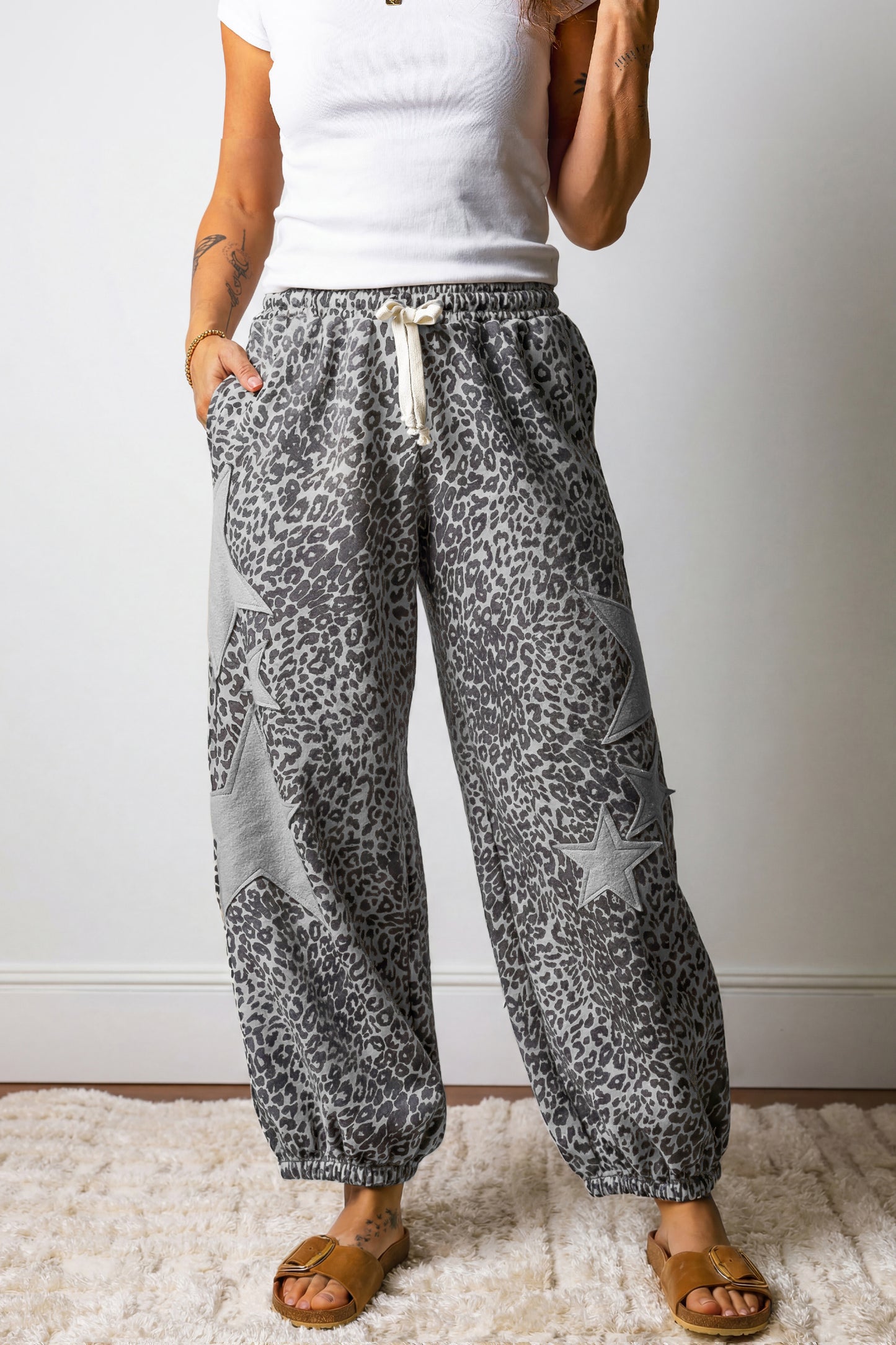 Gray Leopard Print Star Patched Drawstring Elastic Waist Jogger Pants-Bottoms/Pants & Culotte-[Adult]-[Female]-2022 Online Blue Zone Planet