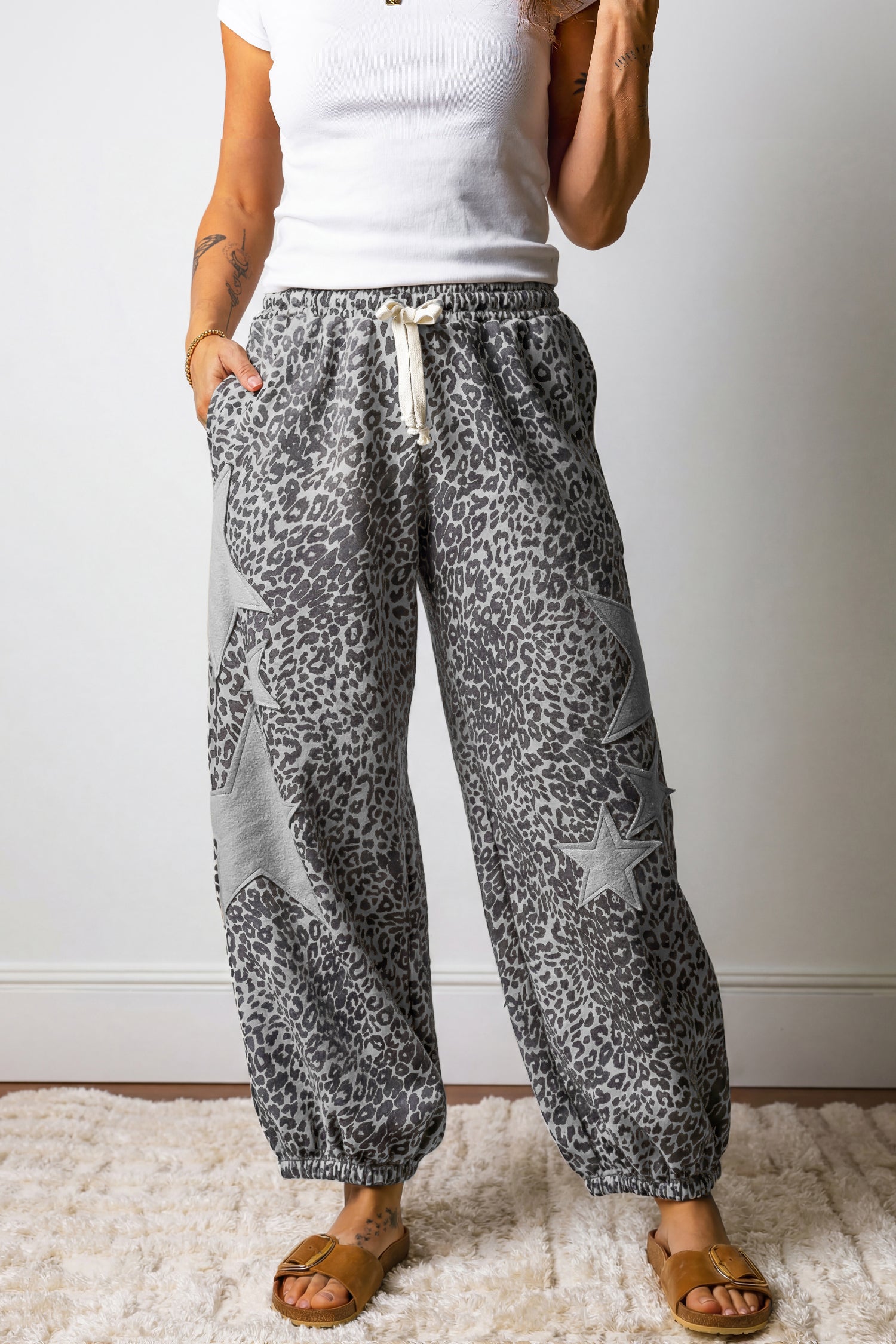 Gray Leopard Print Star Patched Drawstring Elastic Waist Jogger Pants-Bottoms/Pants & Culotte-[Adult]-[Female]-2022 Online Blue Zone Planet