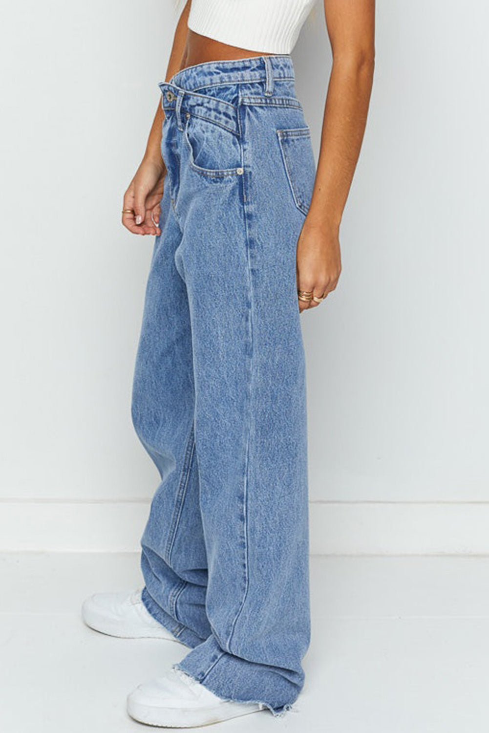 Blue Mid Rise Asymmetrical Waist Wide Leg Jeans-Bottoms/Jeans-[Adult]-[Female]-2022 Online Blue Zone Planet