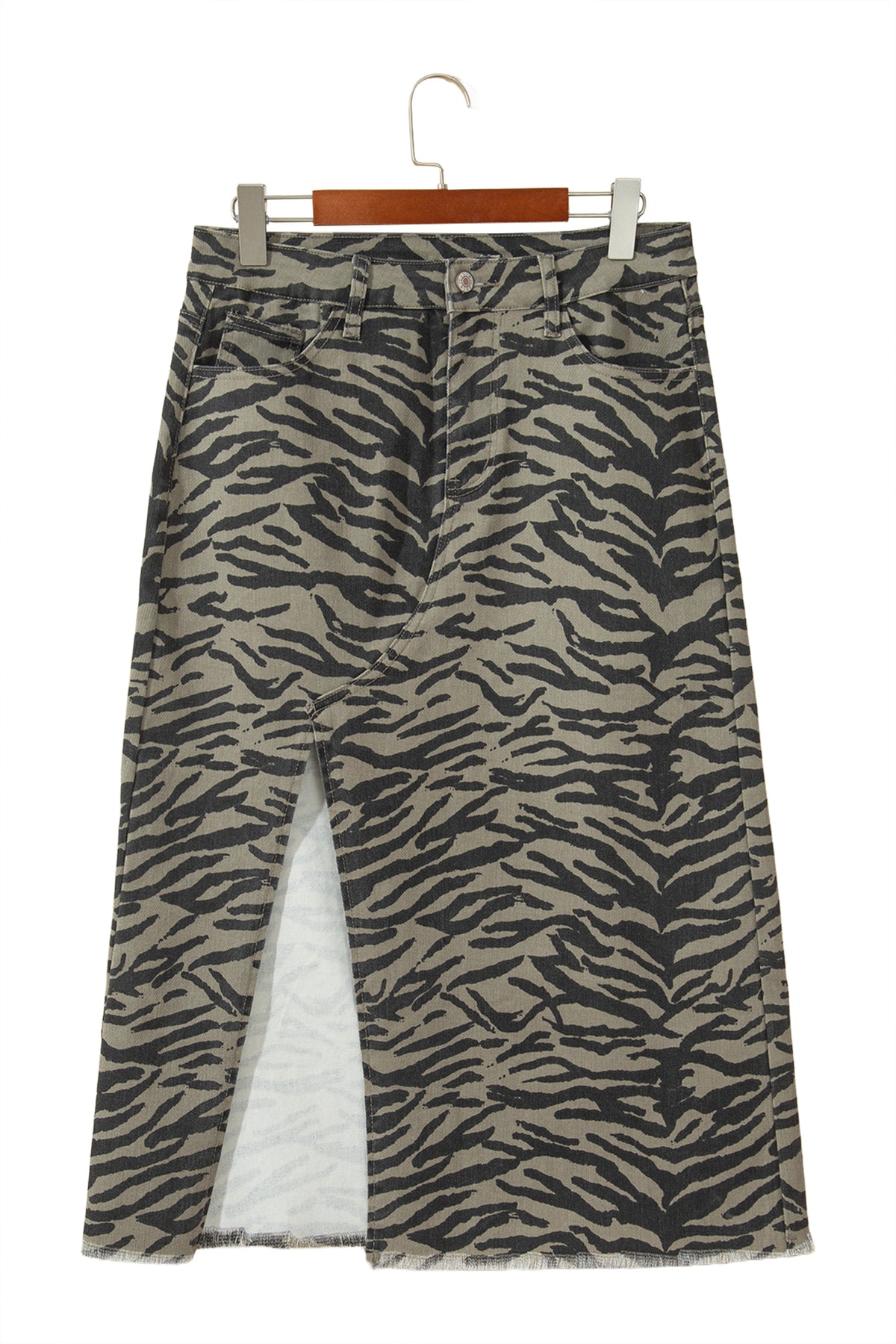 Brown Leopard Print Side Split Frayed Hem Denim Midi Skirt-Bottoms/Skirts & Petticoat-[Adult]-[Female]-2022 Online Blue Zone Planet