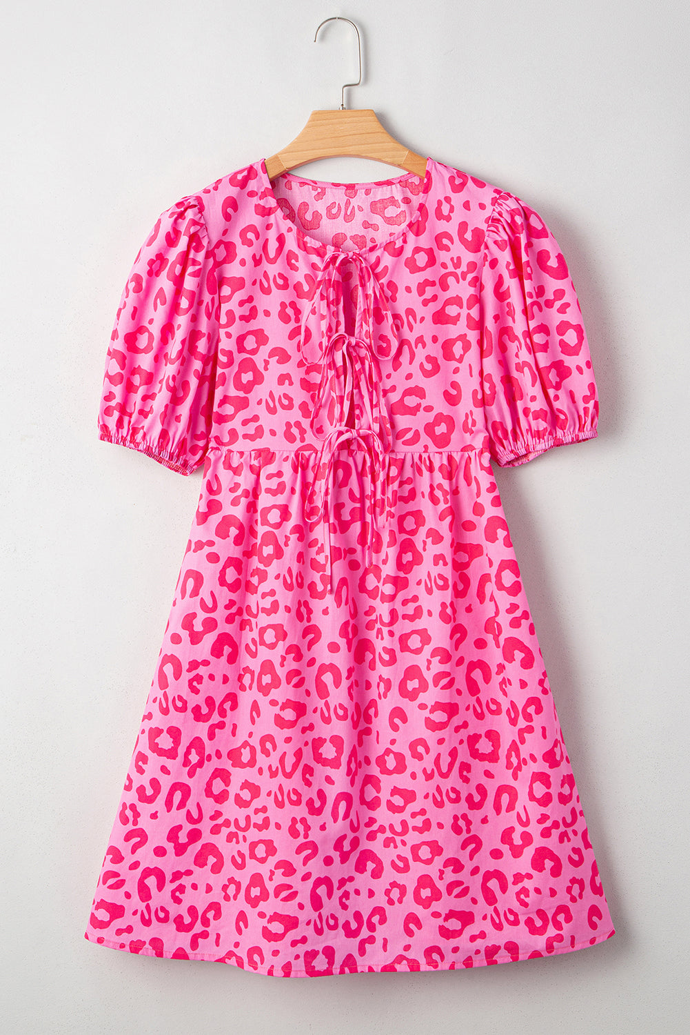 Rose Leopard Puff Sleeve Tie Front High Waist Mini Dress-Dresses/Mini Dresses-[Adult]-[Female]-2022 Online Blue Zone Planet