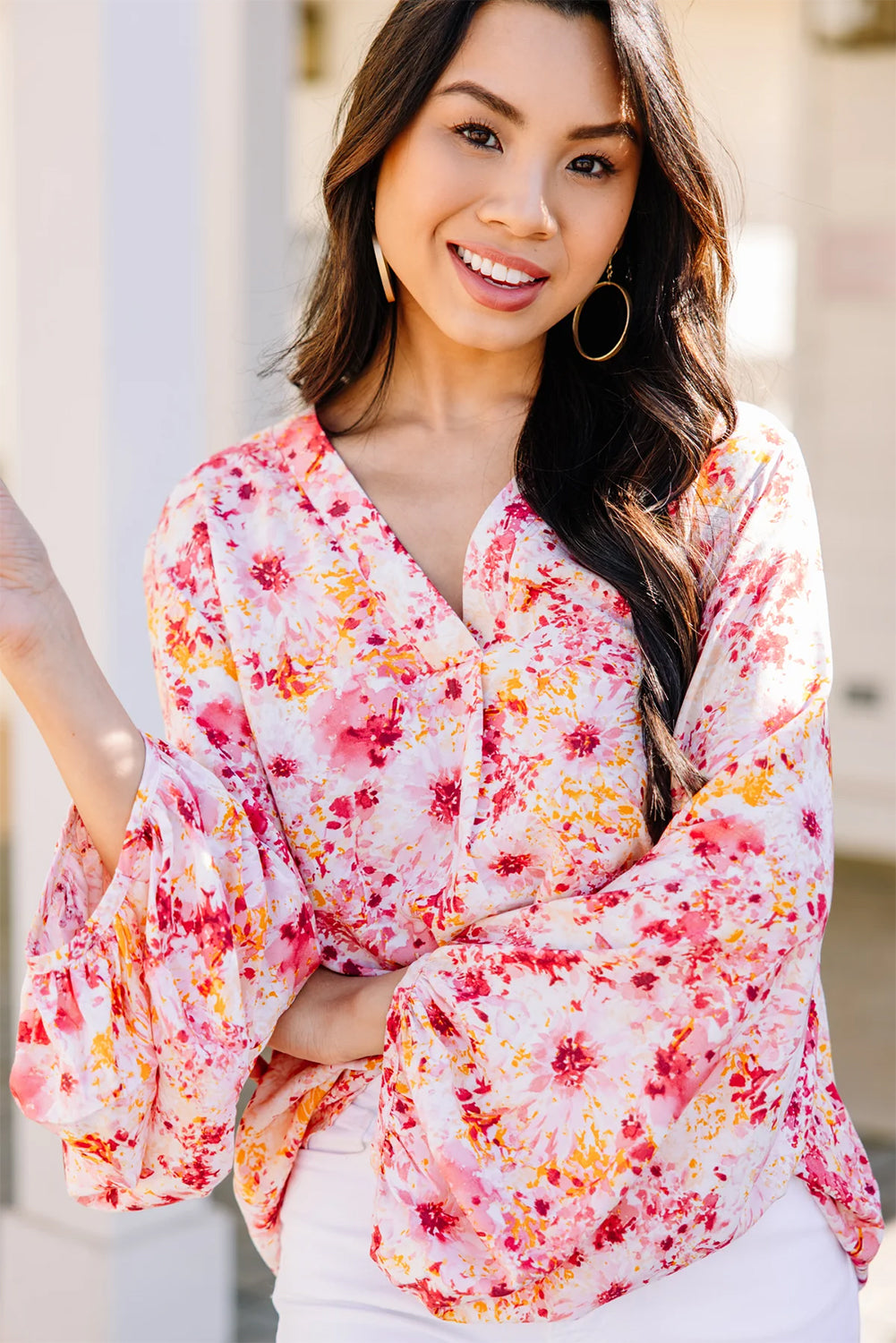 Pink Ditsy Floral Bubble Sleeve V Neck Blouse-Tops/Blouses & Shirts-[Adult]-[Female]-2022 Online Blue Zone Planet