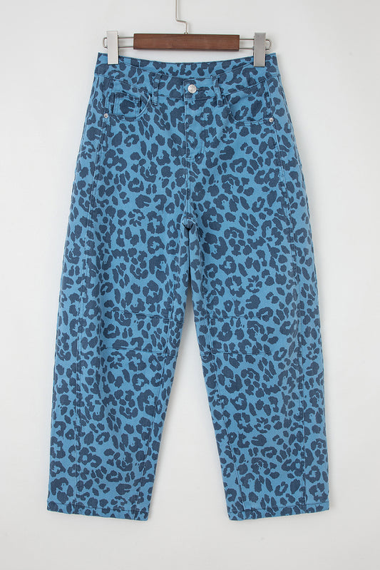 Sky Blue Leopard Print Straight Loose Jeans-Bottoms/Jeans-[Adult]-[Female]-Sky Blue-4-2022 Online Blue Zone Planet