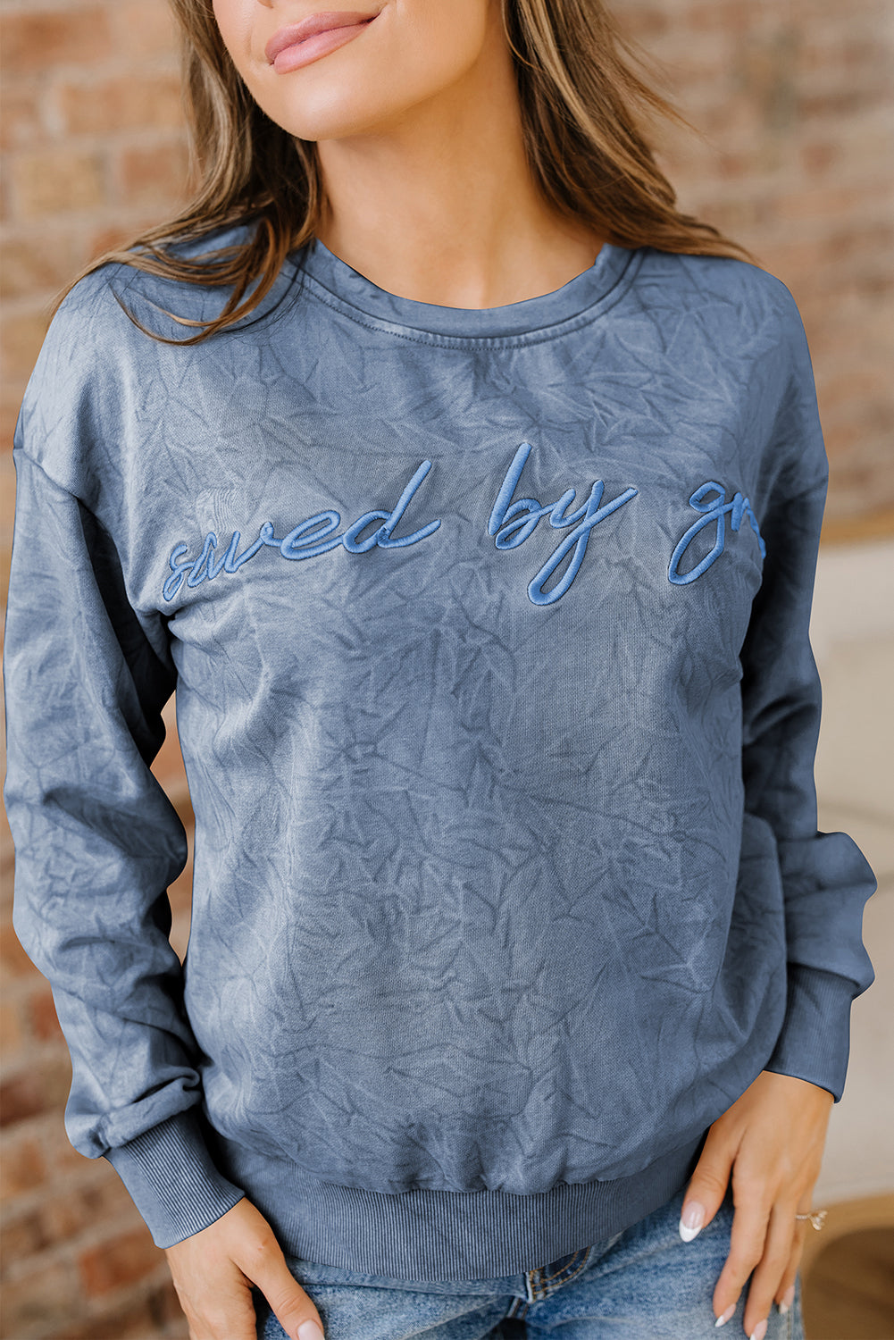 Real Teal Saved By Grace Letter Embroidery Mineral Wash Loose Sweatshirt