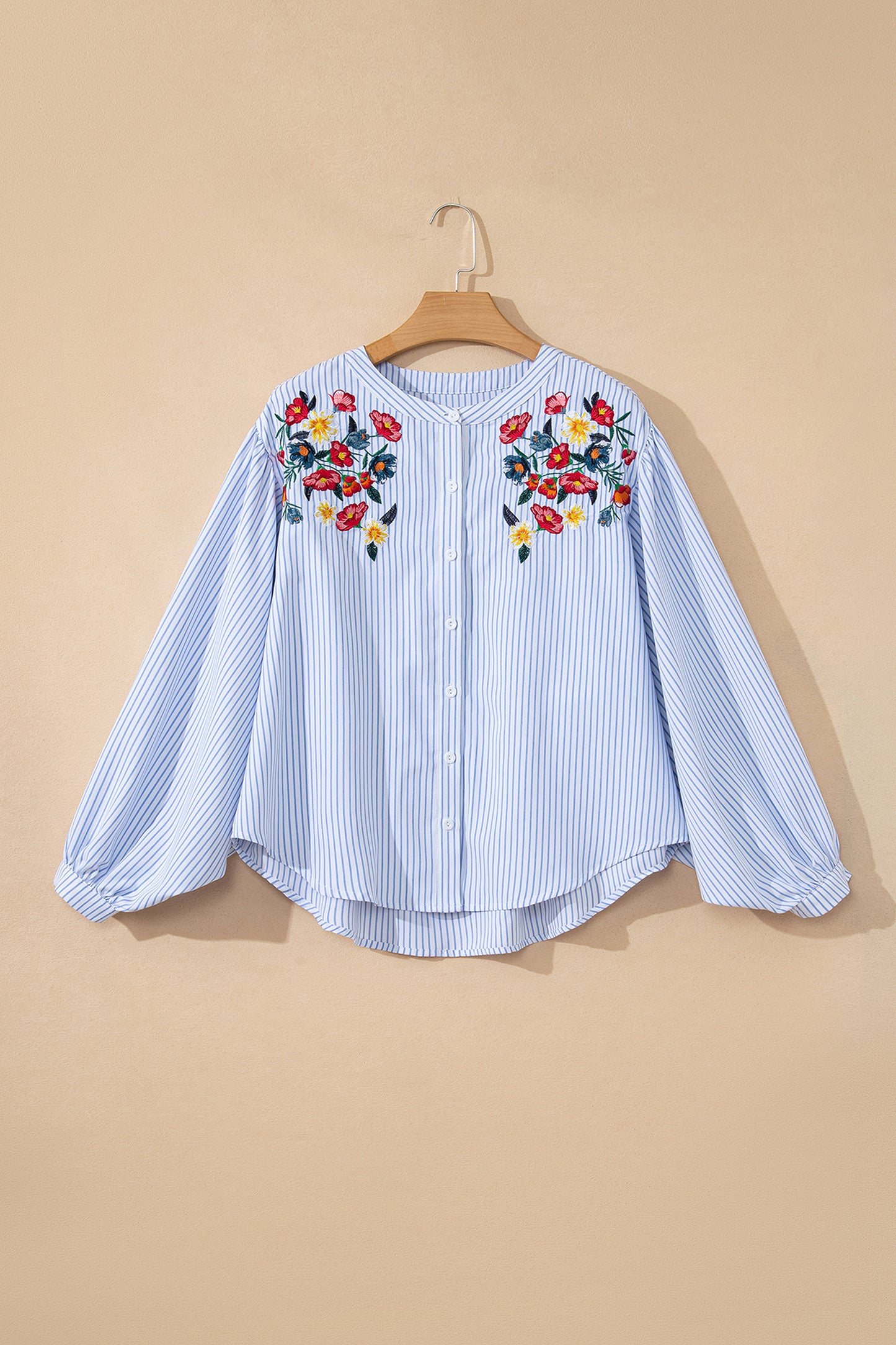 Sky Blue Stripe Floral Embroidered Billowy Sleeve Tunic Baggy Shirt-Tops/Blouses & Shirts-[Adult]-[Female]-Sky Blue Stripe-S-2022 Online Blue Zone Planet