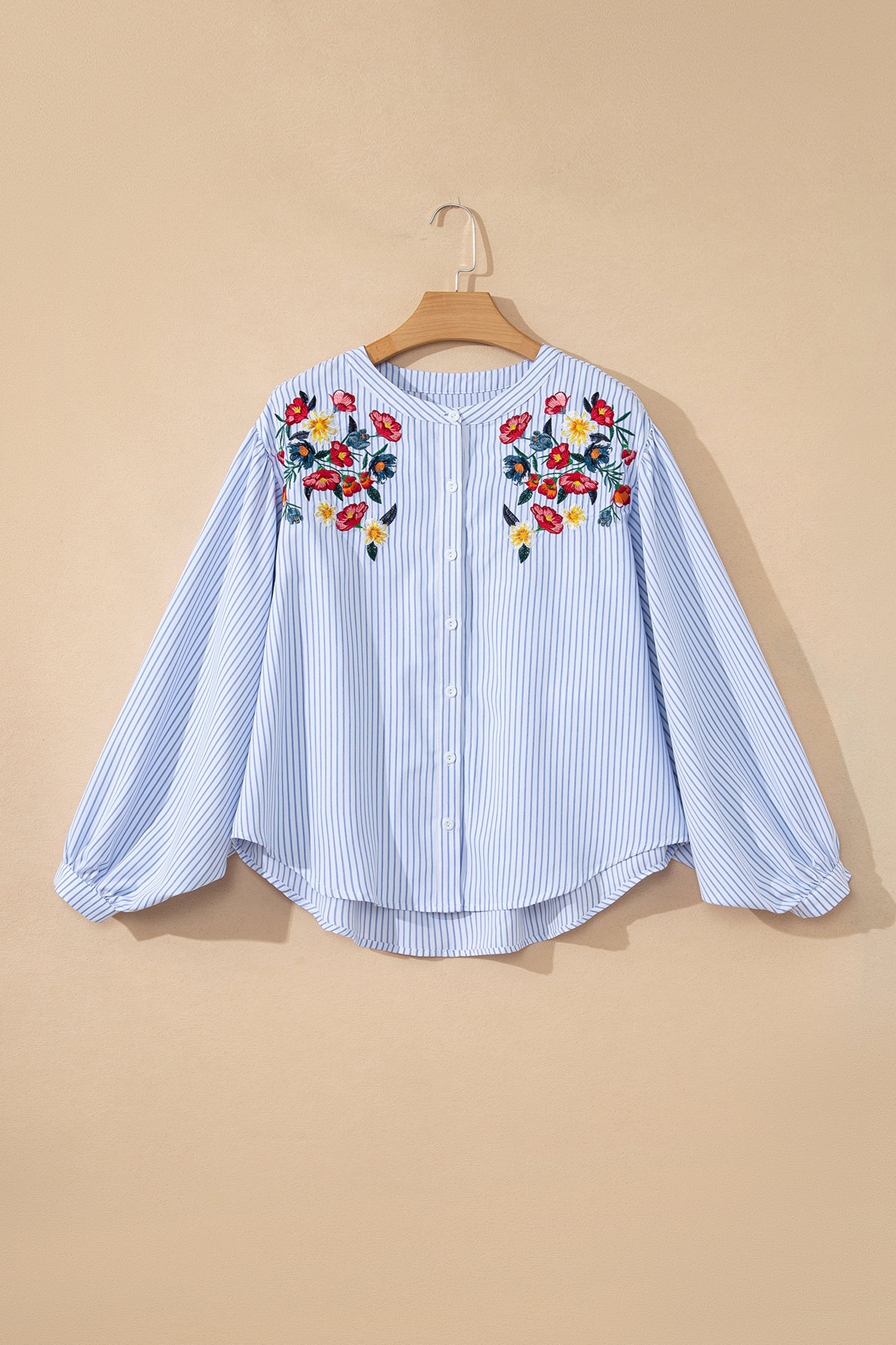 Sky Blue Stripe Floral Embroidered Billowy Sleeve Tunic Baggy Shirt-Tops/Blouses & Shirts-[Adult]-[Female]-Sky Blue Stripe-S-2022 Online Blue Zone Planet