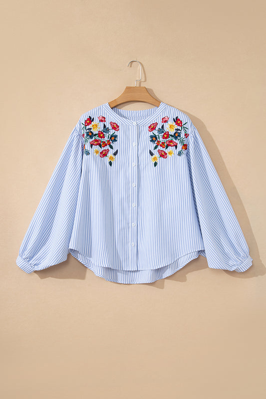 Sky Blue Stripe Floral Embroidered Billowy Sleeve Tunic Baggy Shirt-Tops/Blouses & Shirts-[Adult]-[Female]-Sky Blue Stripe-S-2022 Online Blue Zone Planet