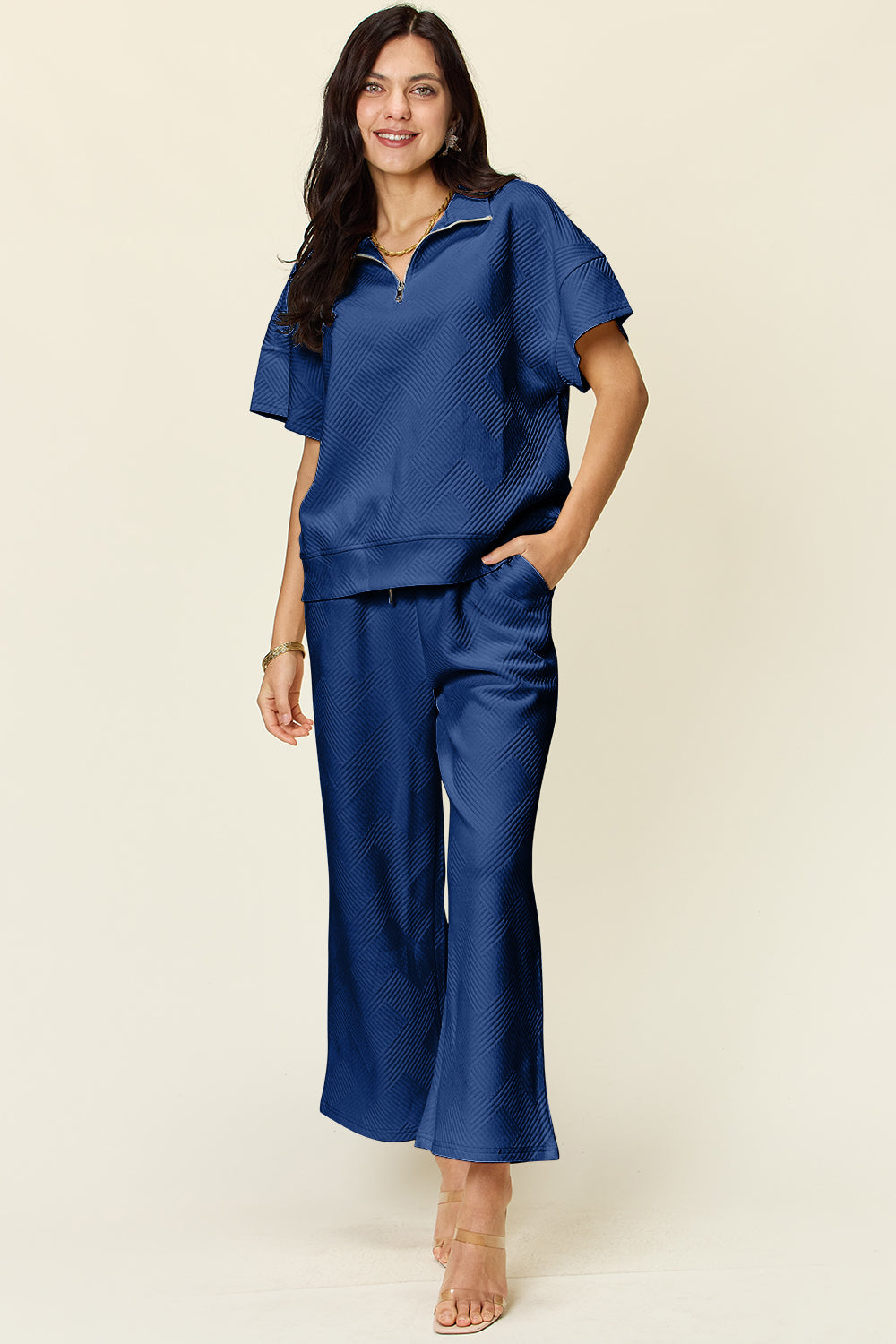 Blue Zone Planet | Double Take Full Size Texture Half Zip Short Sleeve Top and Pants Set-TOPS / DRESSES-[Adult]-[Female]-Royal Blue-S-2022 Online Blue Zone Planet